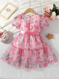 Buy SHEIN Toddler Girls Floral Print Puff Sleeve Ruffle Hem Belted Organza Dress in Pakistan