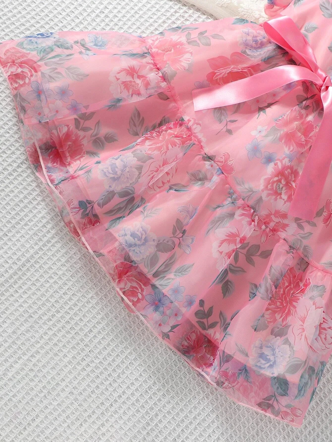 Buy SHEIN Toddler Girls Floral Print Puff Sleeve Ruffle Hem Belted Organza Dress in Pakistan