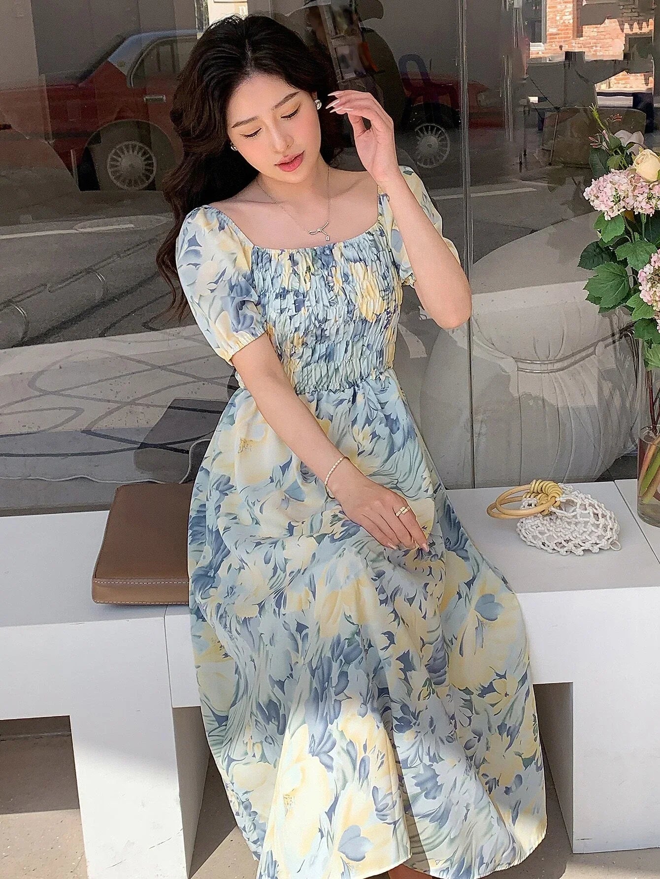 Buy SHEIN DAZY Allover Floral Print Square Neck Puff Sleeve Dress in Pakistan