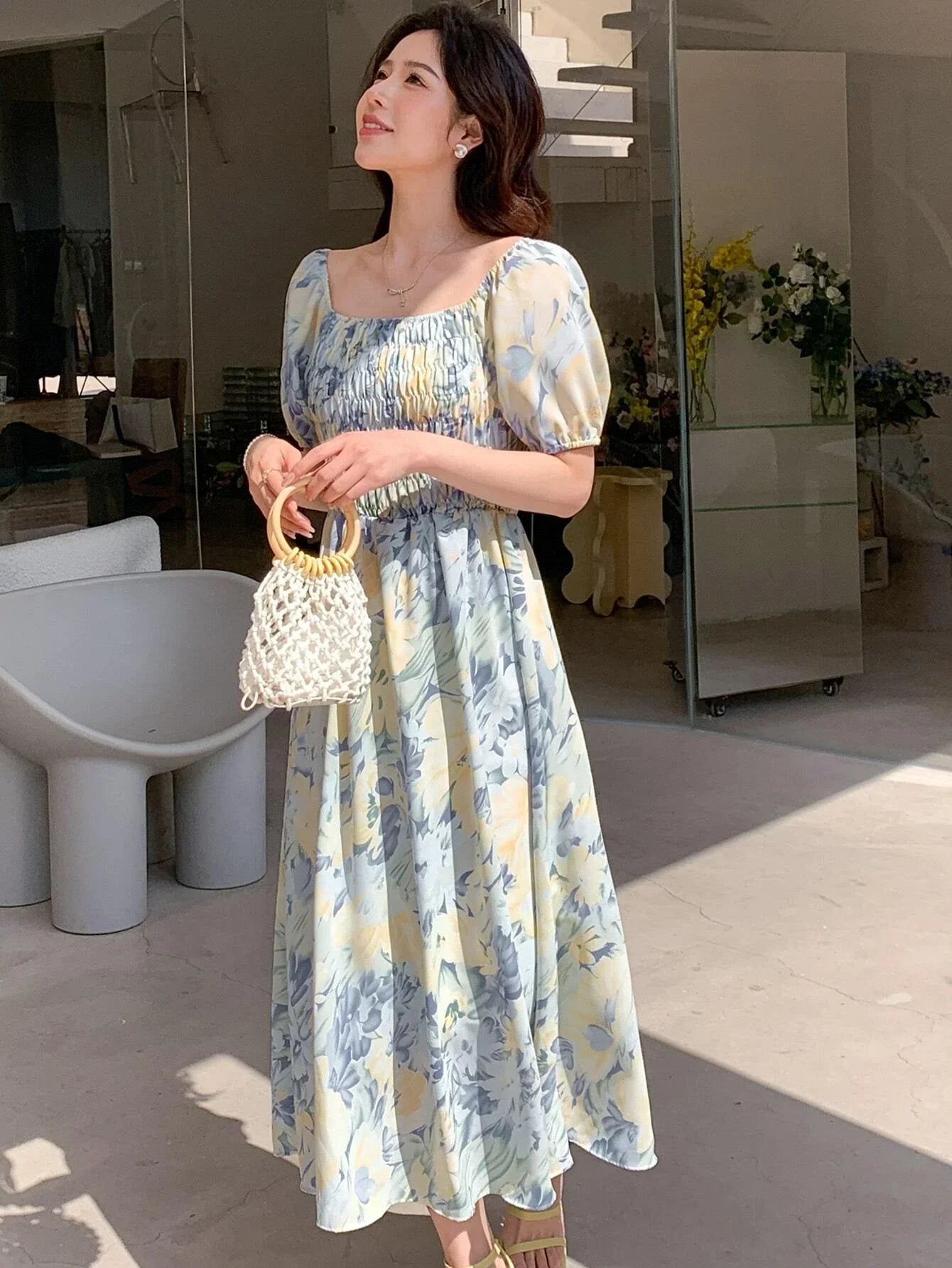 Buy SHEIN DAZY Allover Floral Print Square Neck Puff Sleeve Dress in Pakistan