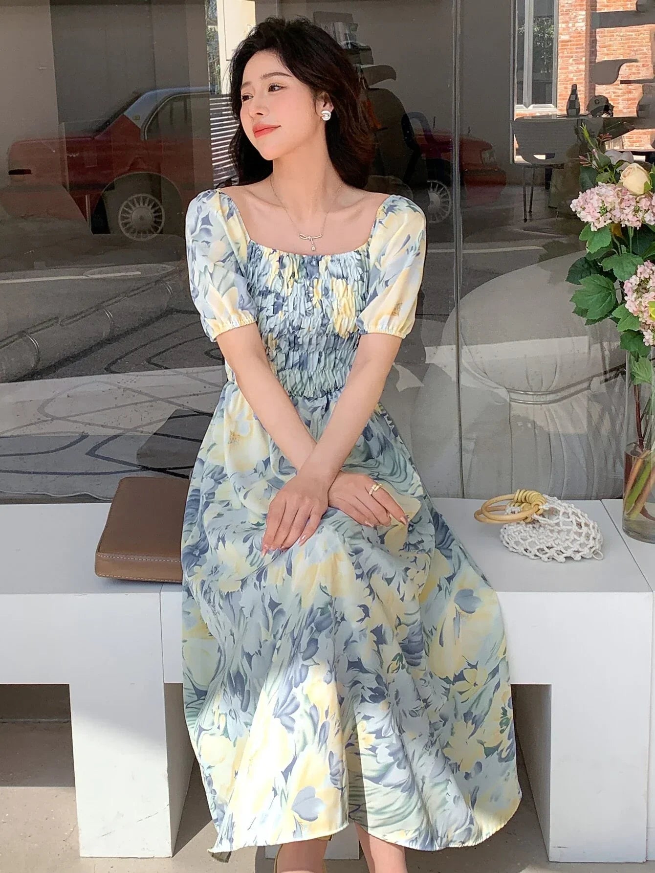 Buy SHEIN DAZY Allover Floral Print Square Neck Puff Sleeve Dress in Pakistan