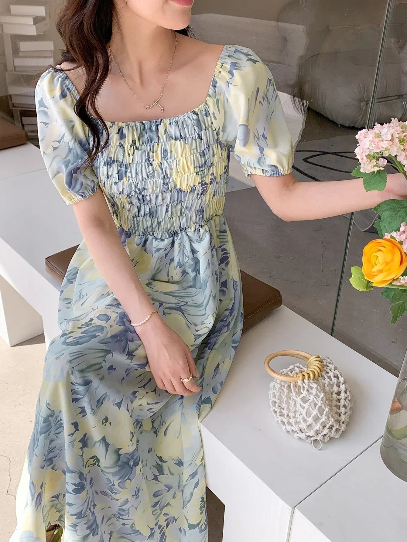 Buy SHEIN DAZY Allover Floral Print Square Neck Puff Sleeve Dress in Pakistan