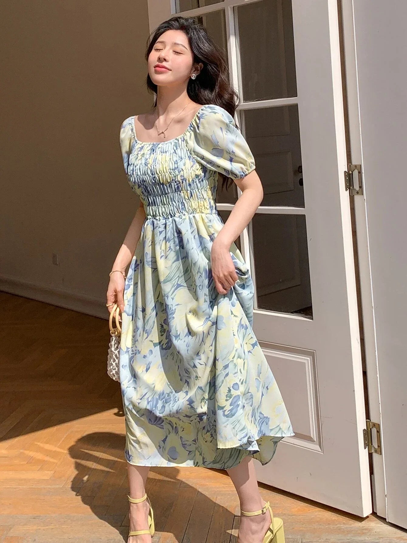 Buy SHEIN DAZY Allover Floral Print Square Neck Puff Sleeve Dress in Pakistan