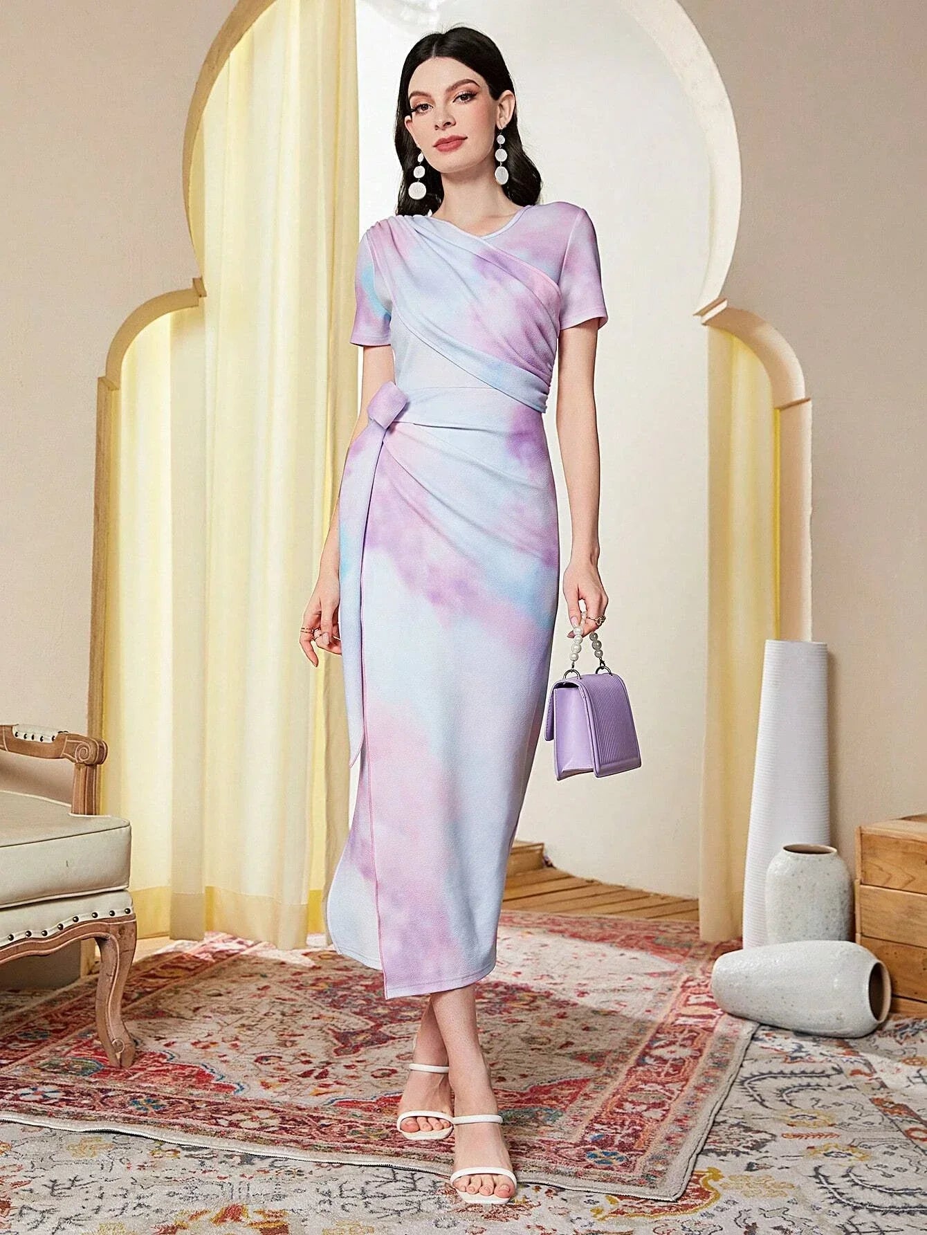 Buy SHEIN Modely Tie Dye Ruched Knot Side Dress in Pakistan