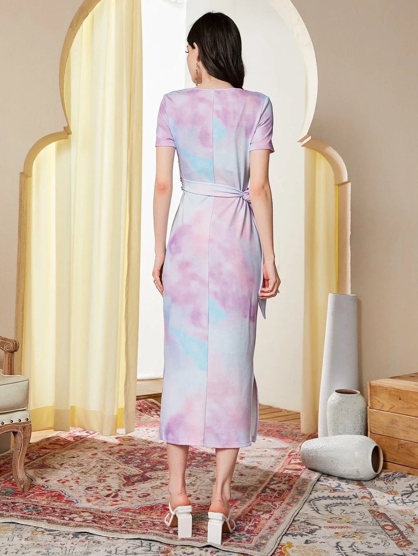 Buy SHEIN Modely Tie Dye Ruched Knot Side Dress in Pakistan