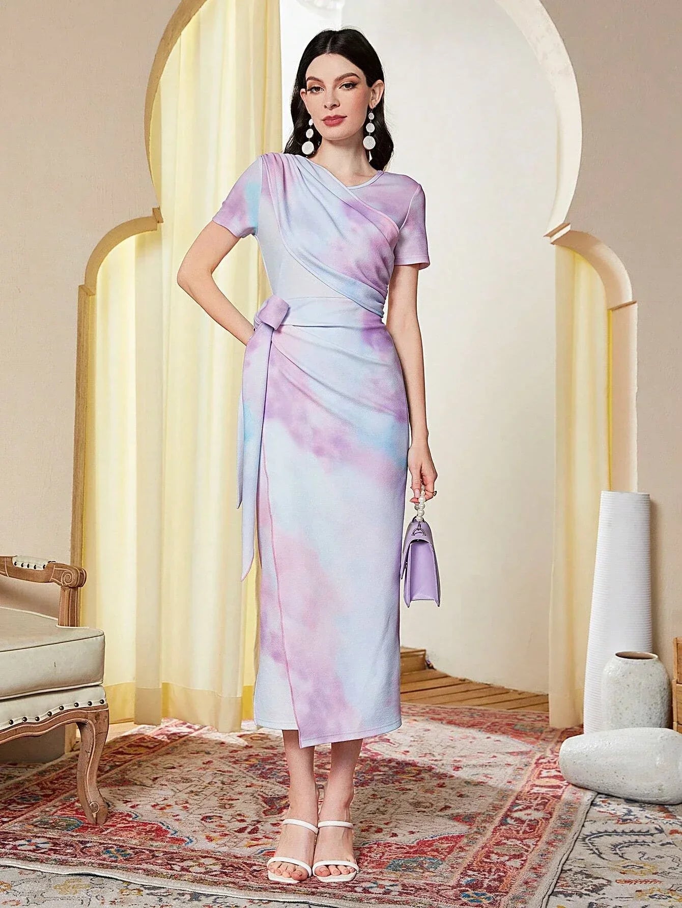 Buy SHEIN Modely Tie Dye Ruched Knot Side Dress in Pakistan