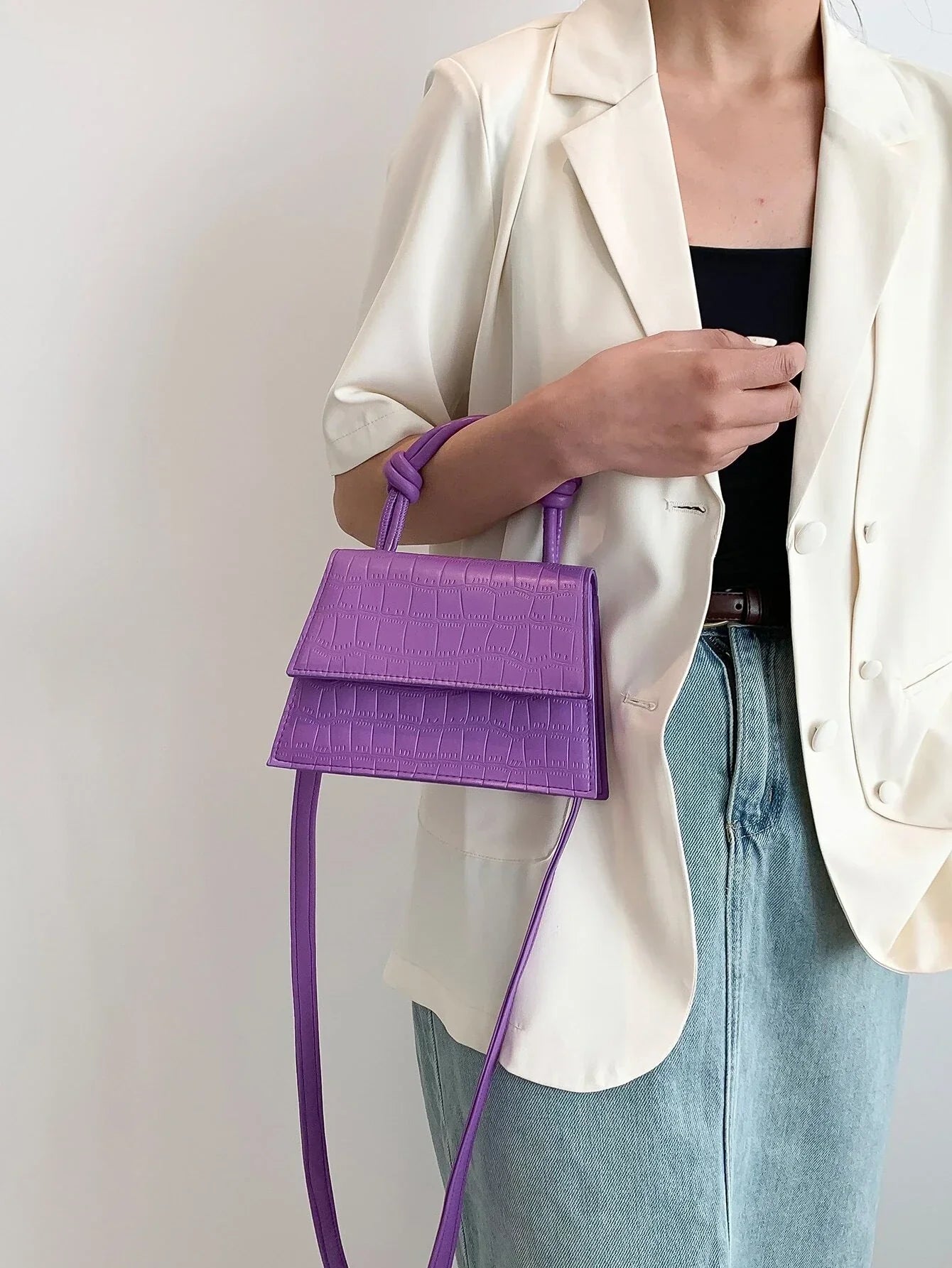 Buy SHEIN Crocodile Embossed Square Bag Mini Flap Purple in Pakistan