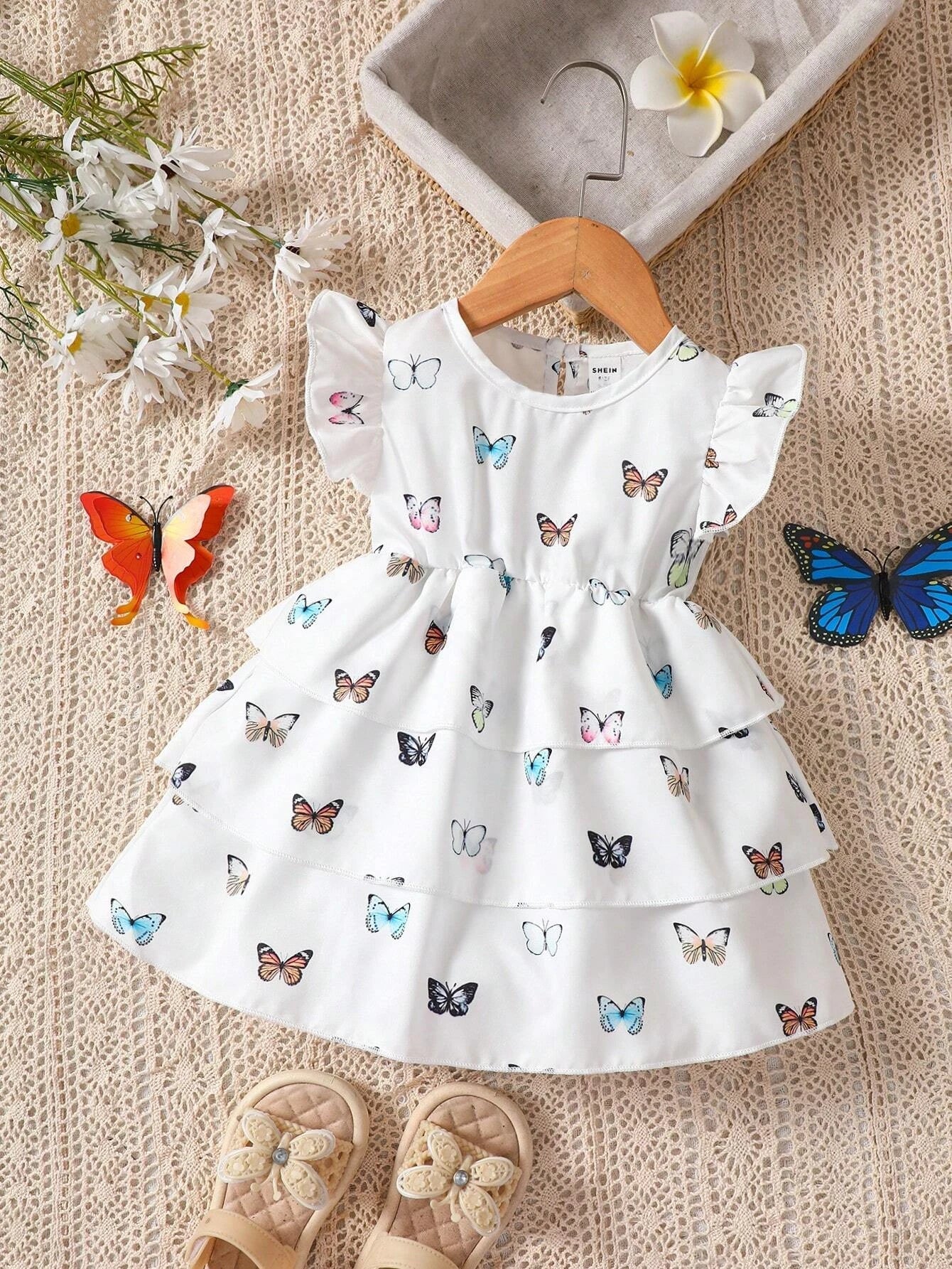 Buy SHEIN Baby Butterfly Print Butterfly Sleeve Layer Ruffle Hem Dress in Pakistan