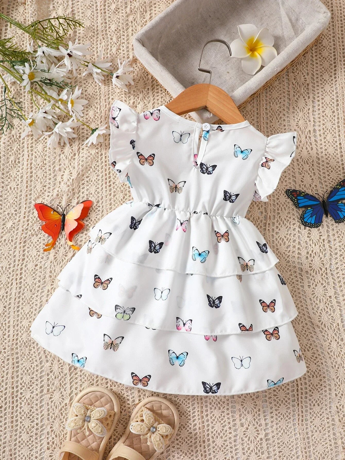 Buy SHEIN Baby Butterfly Print Butterfly Sleeve Layer Ruffle Hem Dress in Pakistan