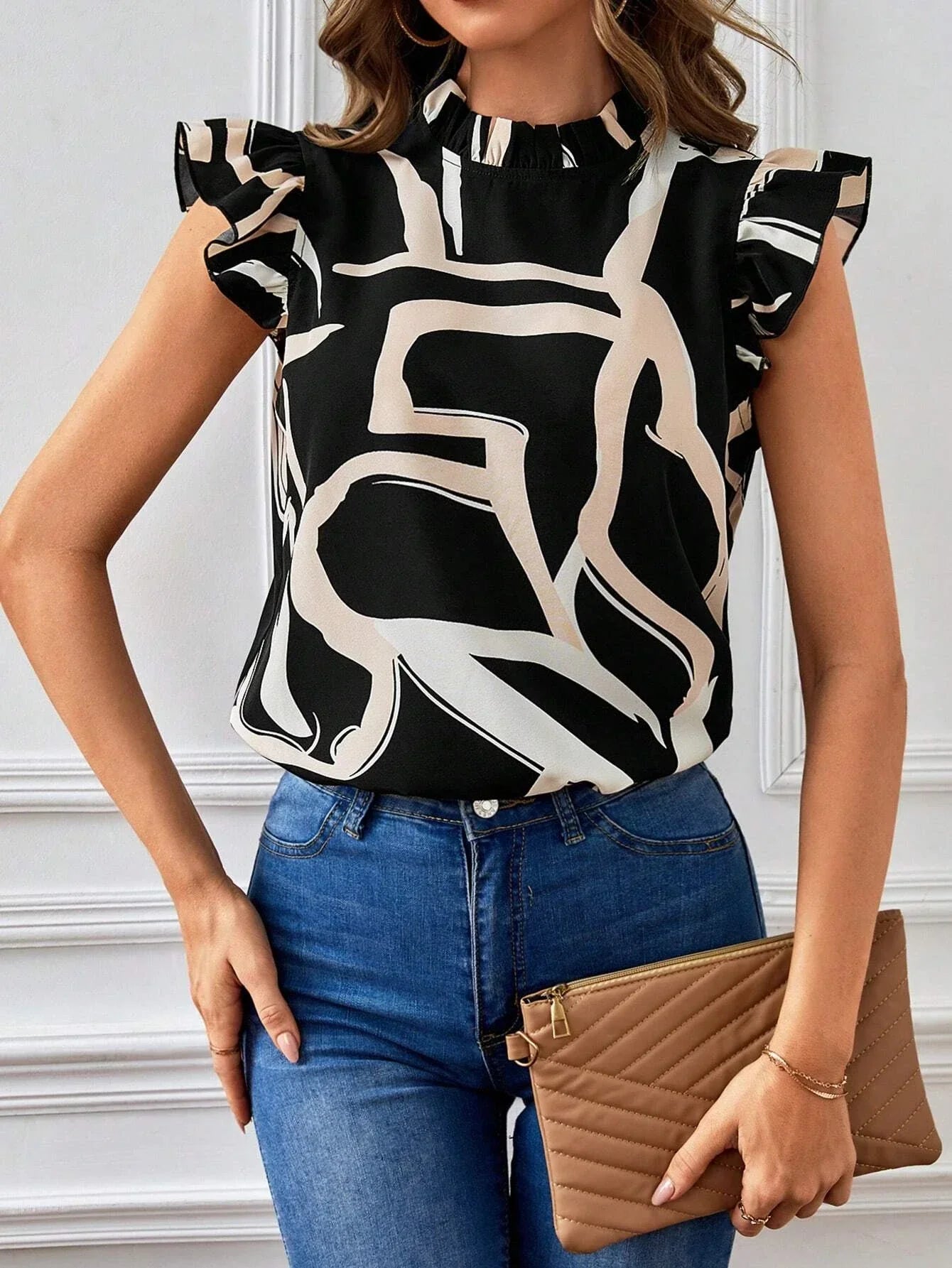 Buy SHEIN Allover Print Ruffle Trim Mock Neck Blouse in Pakistan
