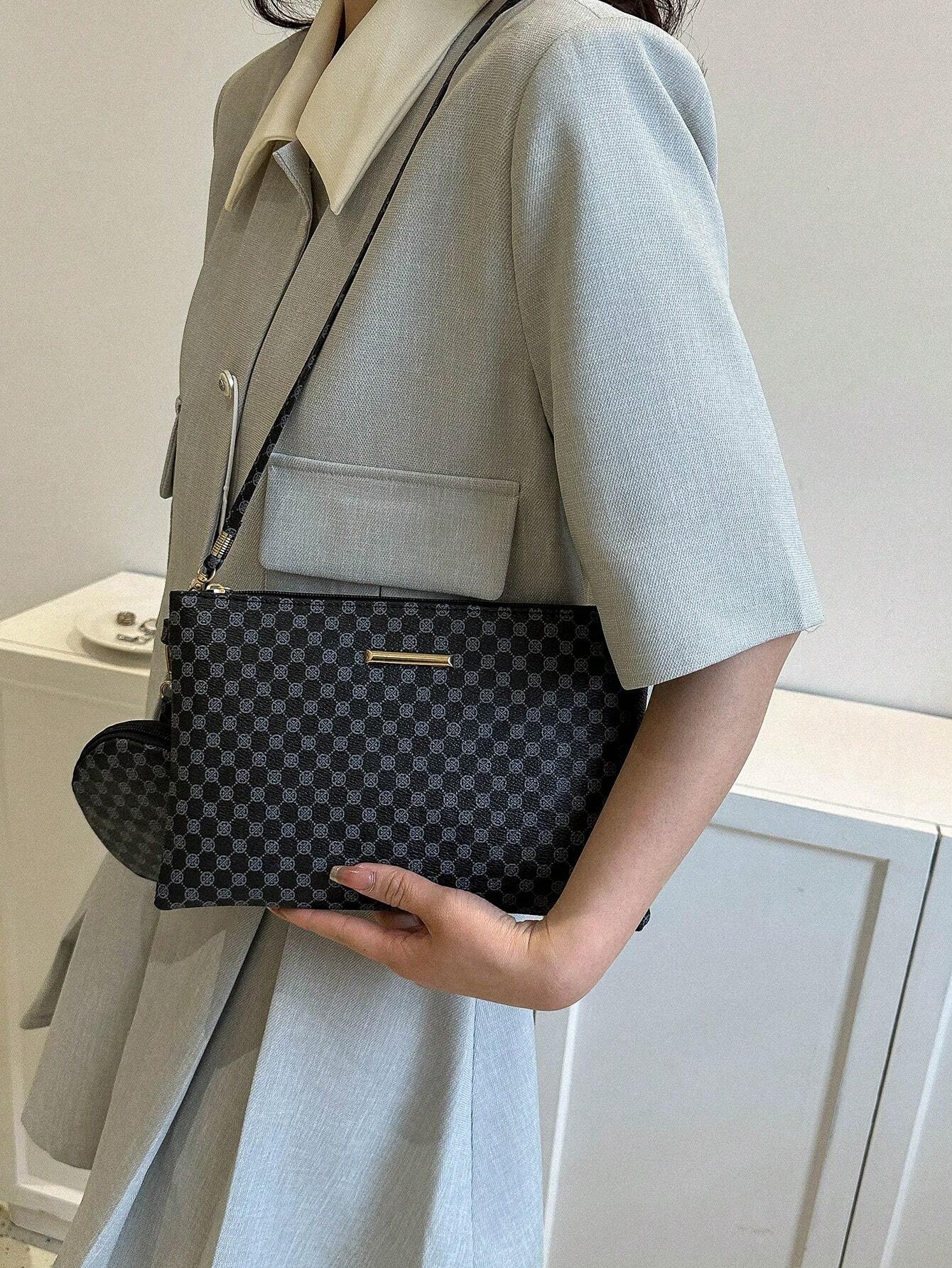 Buy SHEIN Geometric Pattern Square Bag With Coin Purse Metal Decor Zipper PU in Pakistan