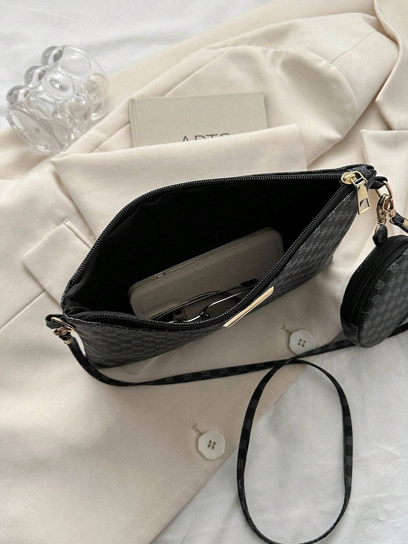 Buy SHEIN Geometric Pattern Square Bag With Coin Purse Metal Decor Zipper PU in Pakistan