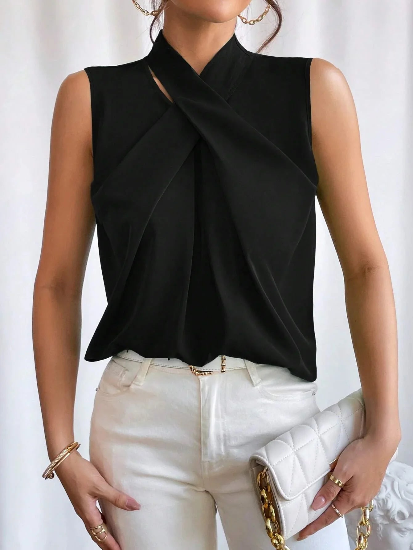 Buy SHEIN Privé Solid Criss Cross Halter Neck Sleeveless Blouse in Pakistan