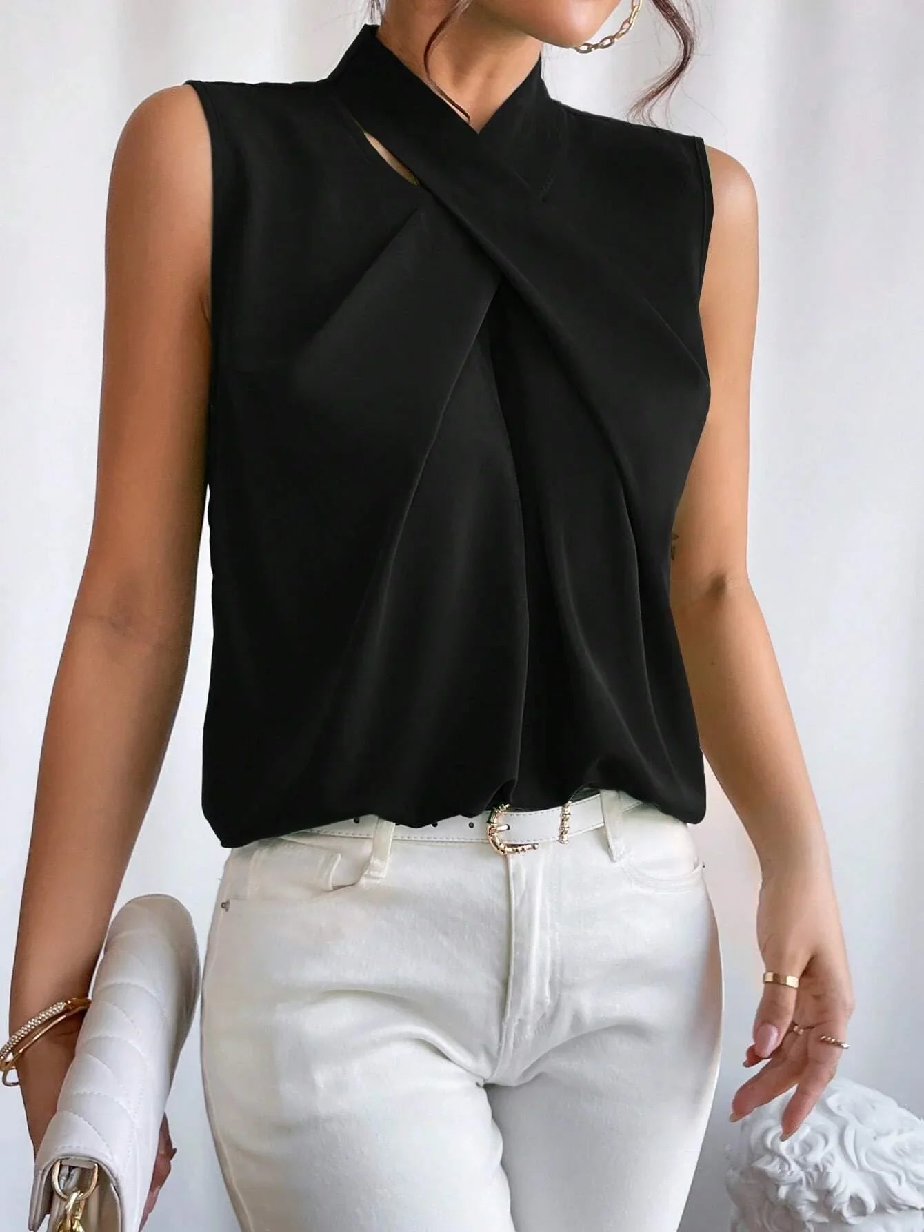 Buy SHEIN Privé Solid Criss Cross Halter Neck Sleeveless Blouse in Pakistan