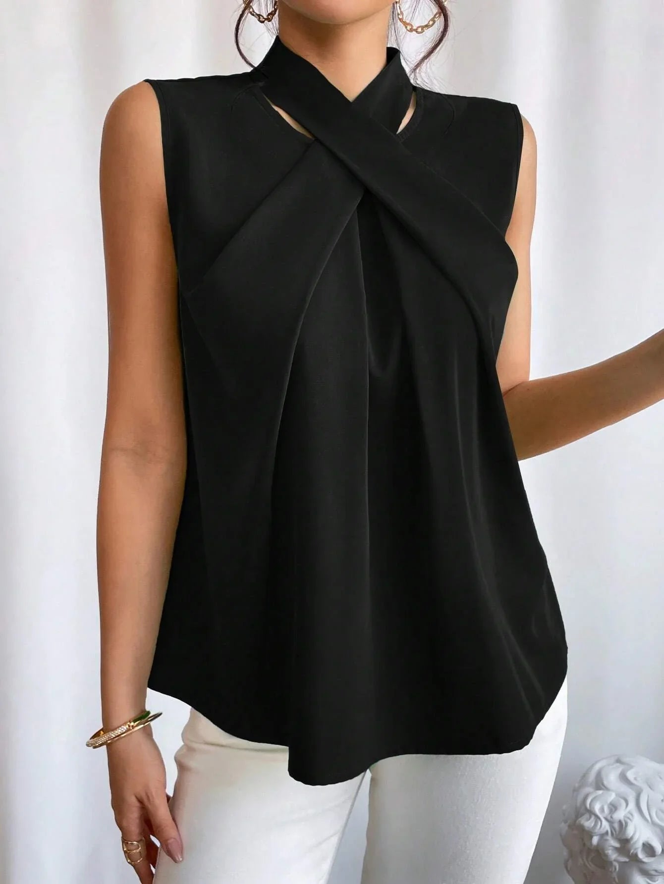 Buy SHEIN Privé Solid Criss Cross Halter Neck Sleeveless Blouse in Pakistan