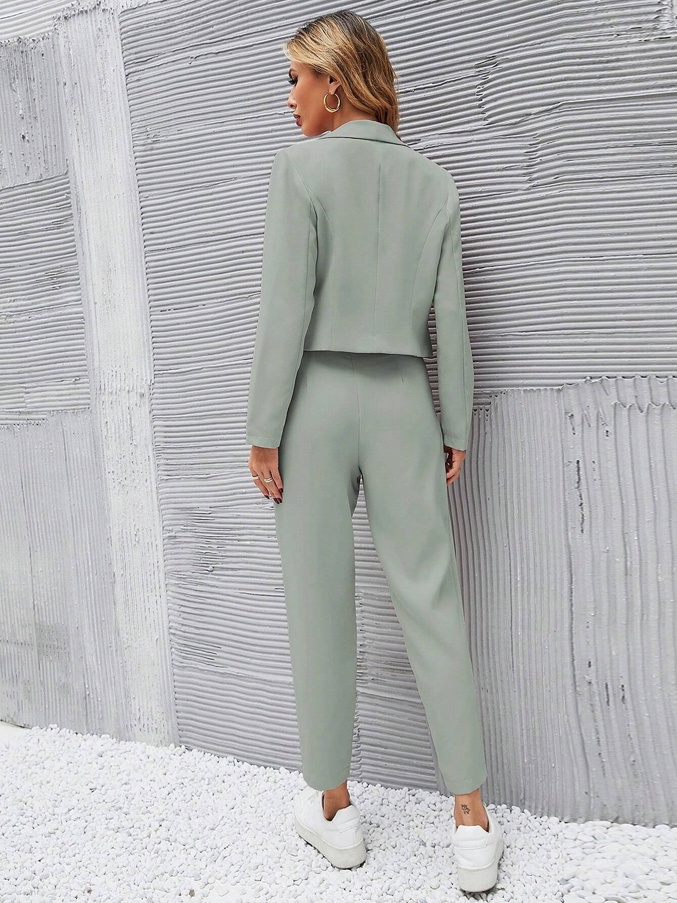 Buy SHEIN Frenchy Solid Single Button Crop Blazer And Slant Pocket Tailored Pants in Pakistan