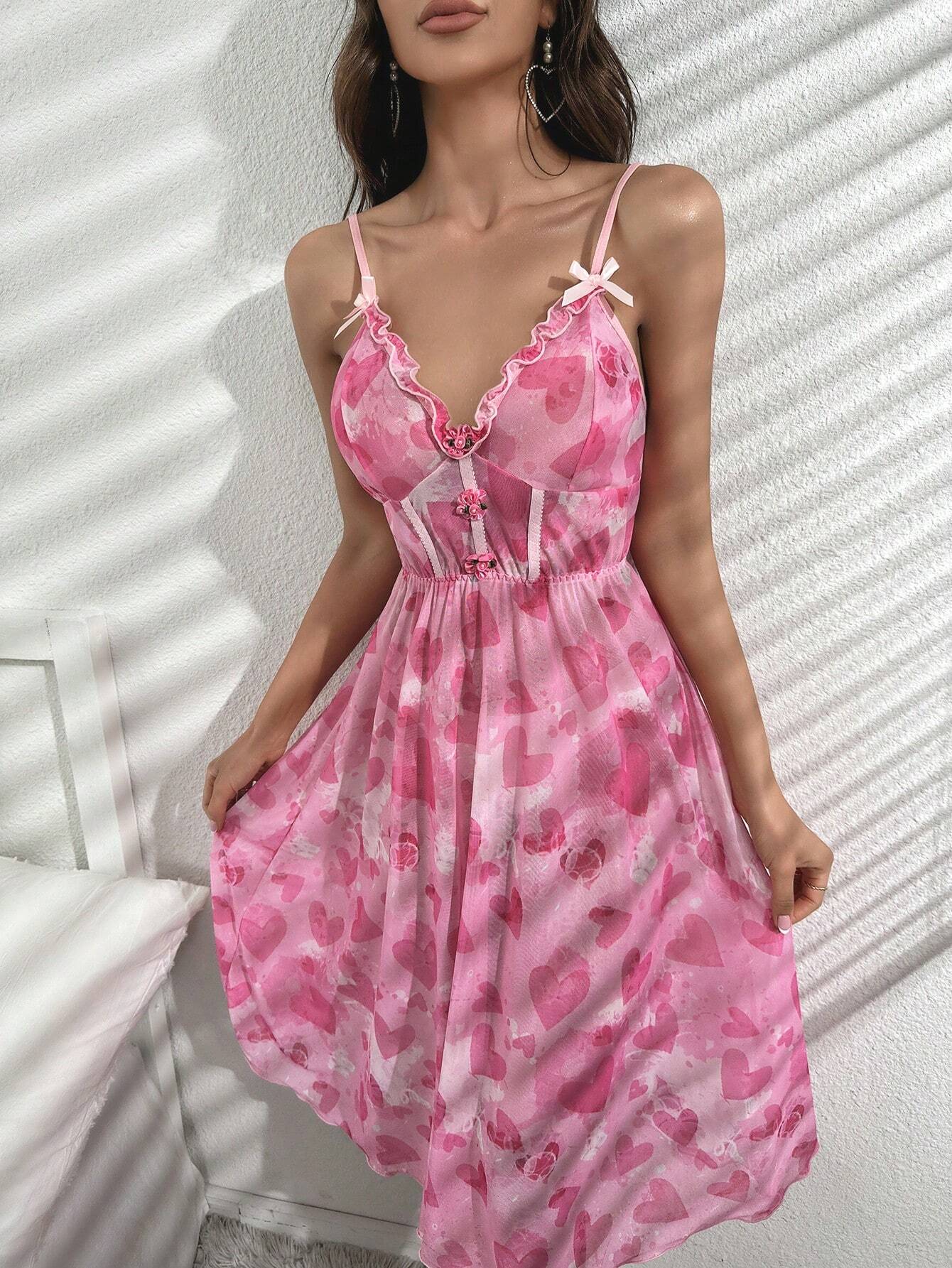 Buy SHEIN Heart Print Frill Trim Mesh Cami Nightdress in Pakistan