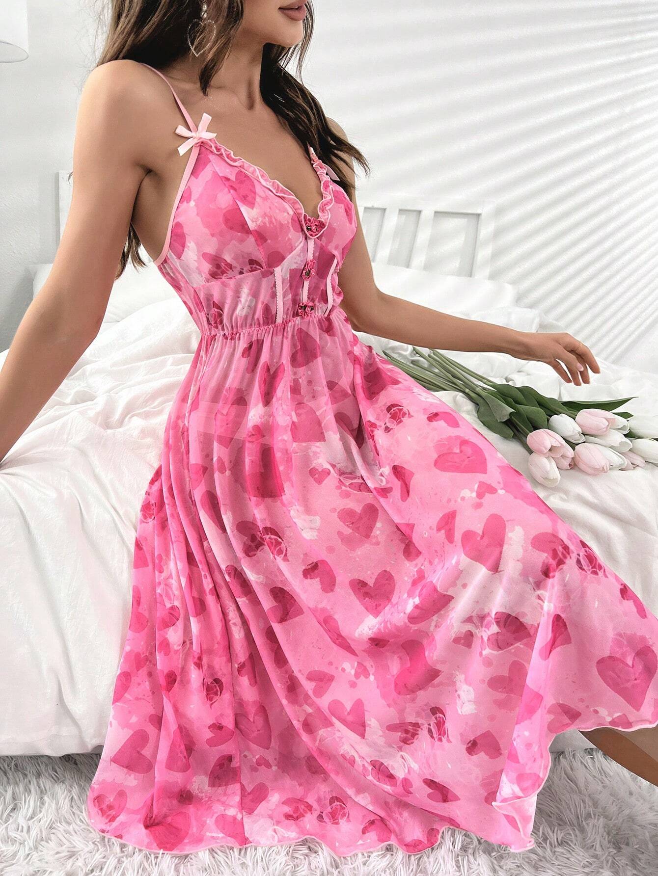 Buy SHEIN Heart Print Frill Trim Mesh Cami Nightdress in Pakistan