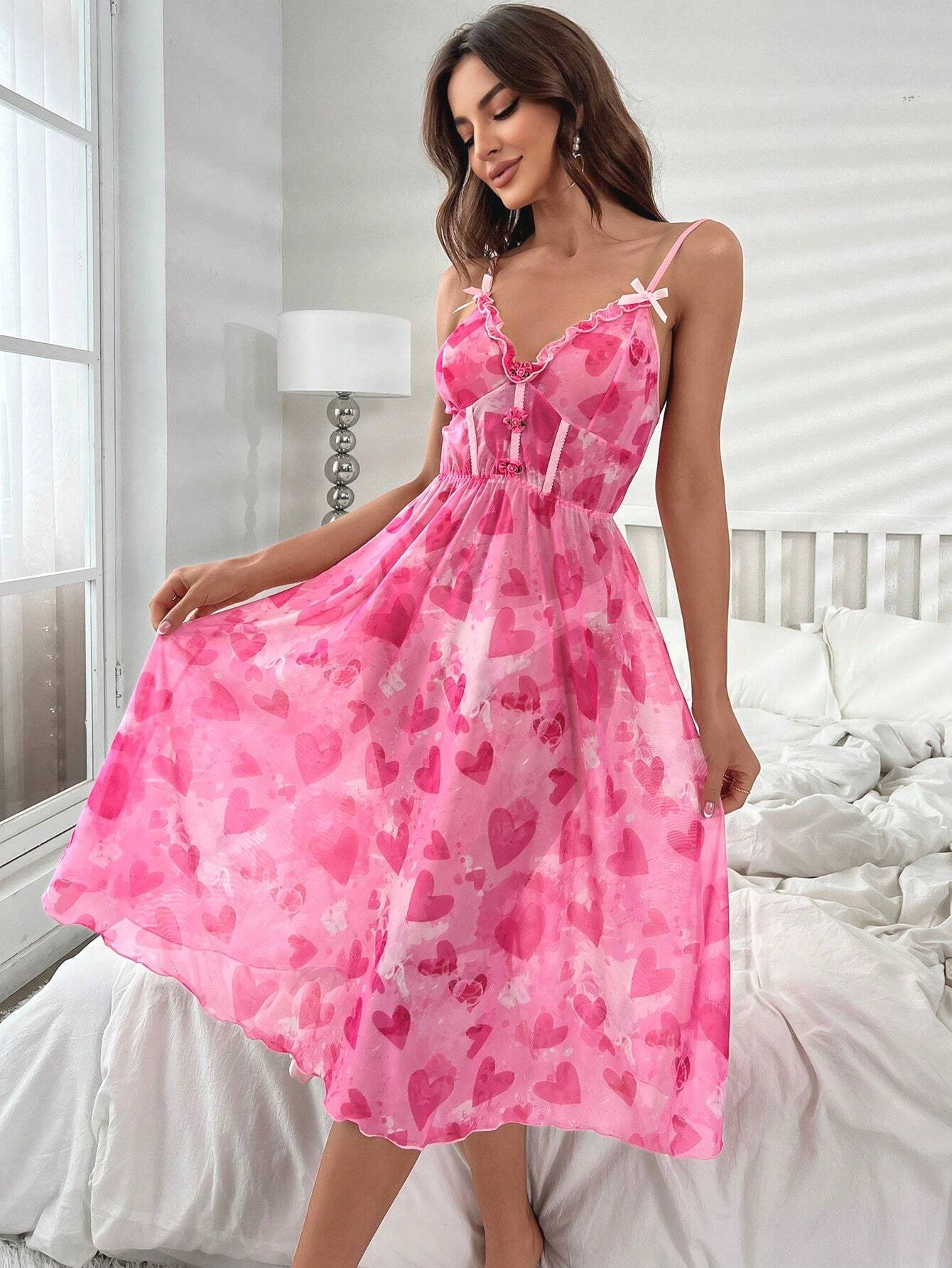 Buy SHEIN Heart Print Frill Trim Mesh Cami Nightdress in Pakistan