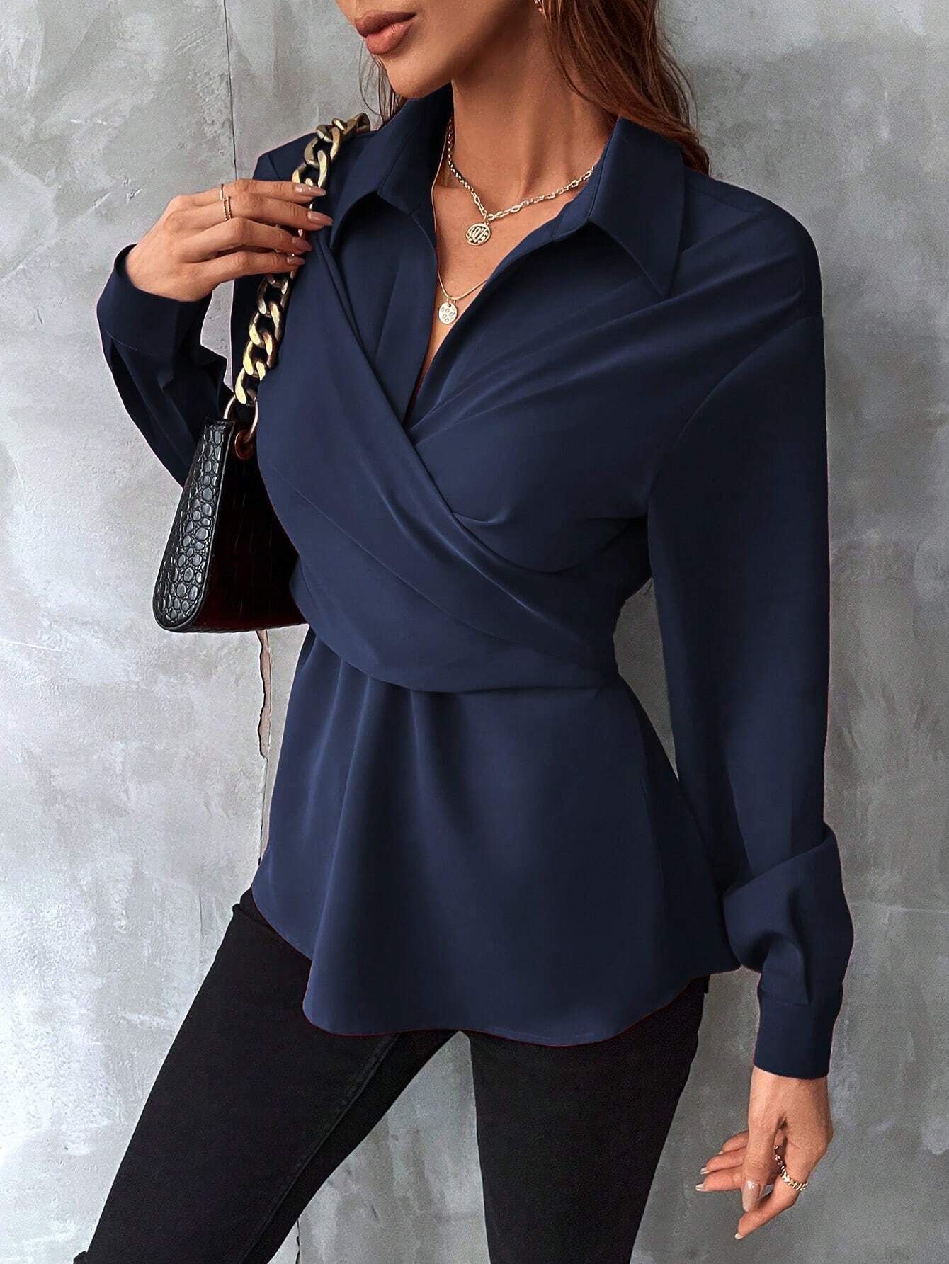 Buy SHEIN Clasi Solid Wrap Cross Tie Back Blouse in Pakistan