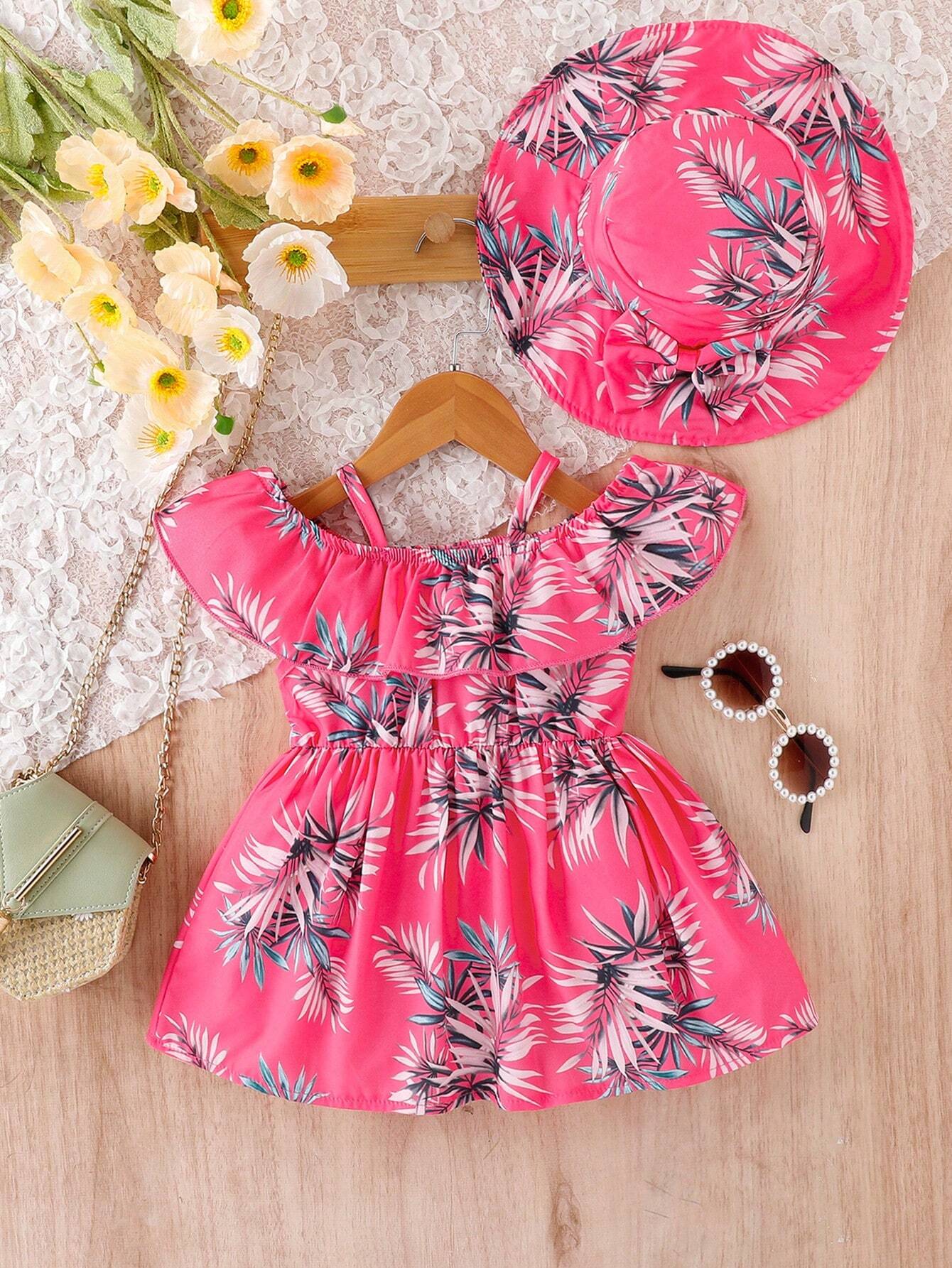 Buy SHEIN Baby Tropical Print Cold Shoulder Ruffle Trim Dress With Hat in Pakistan