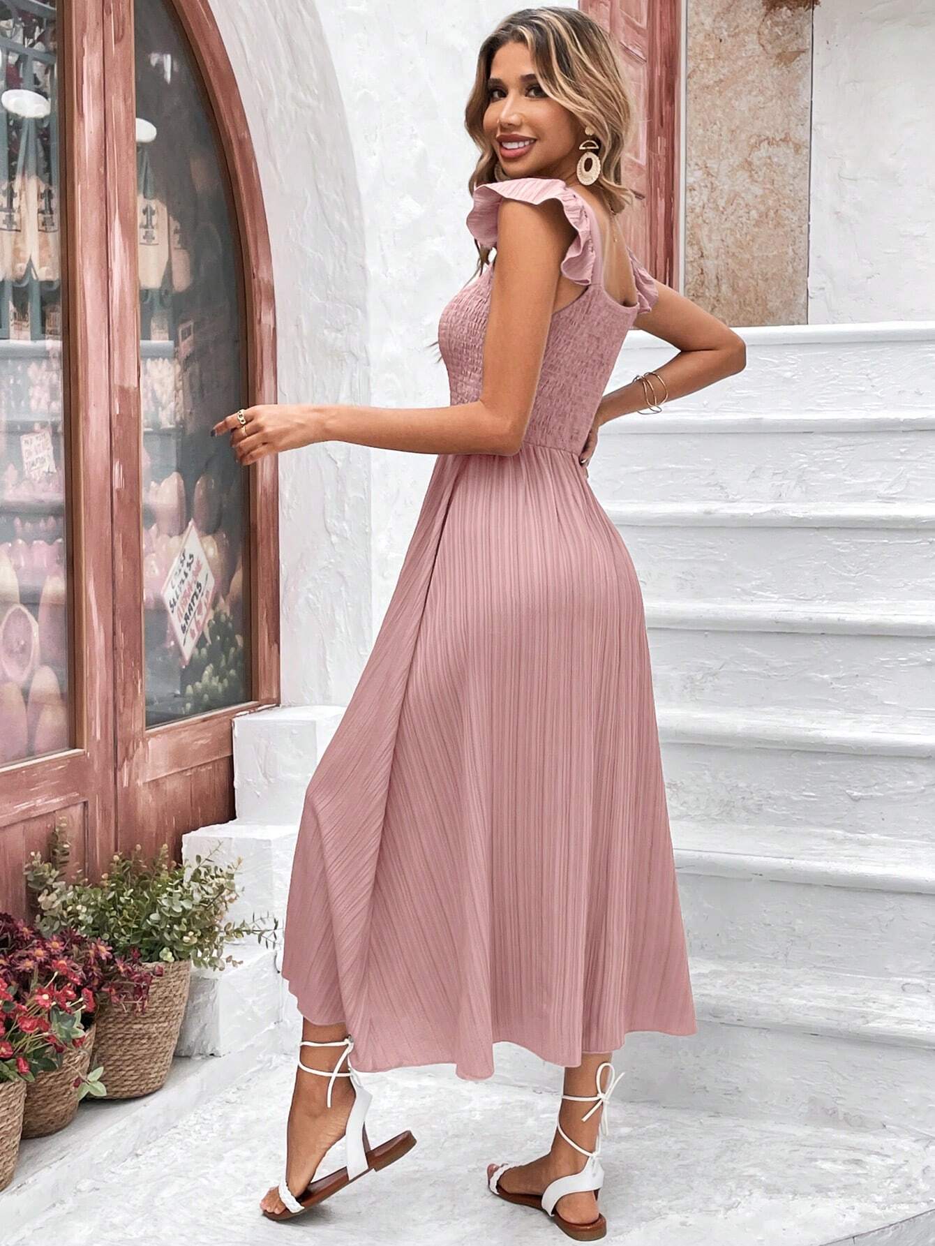 Buy SHEIN Frenchy Solid Ruffle Trim A-line Dress in Pakistan