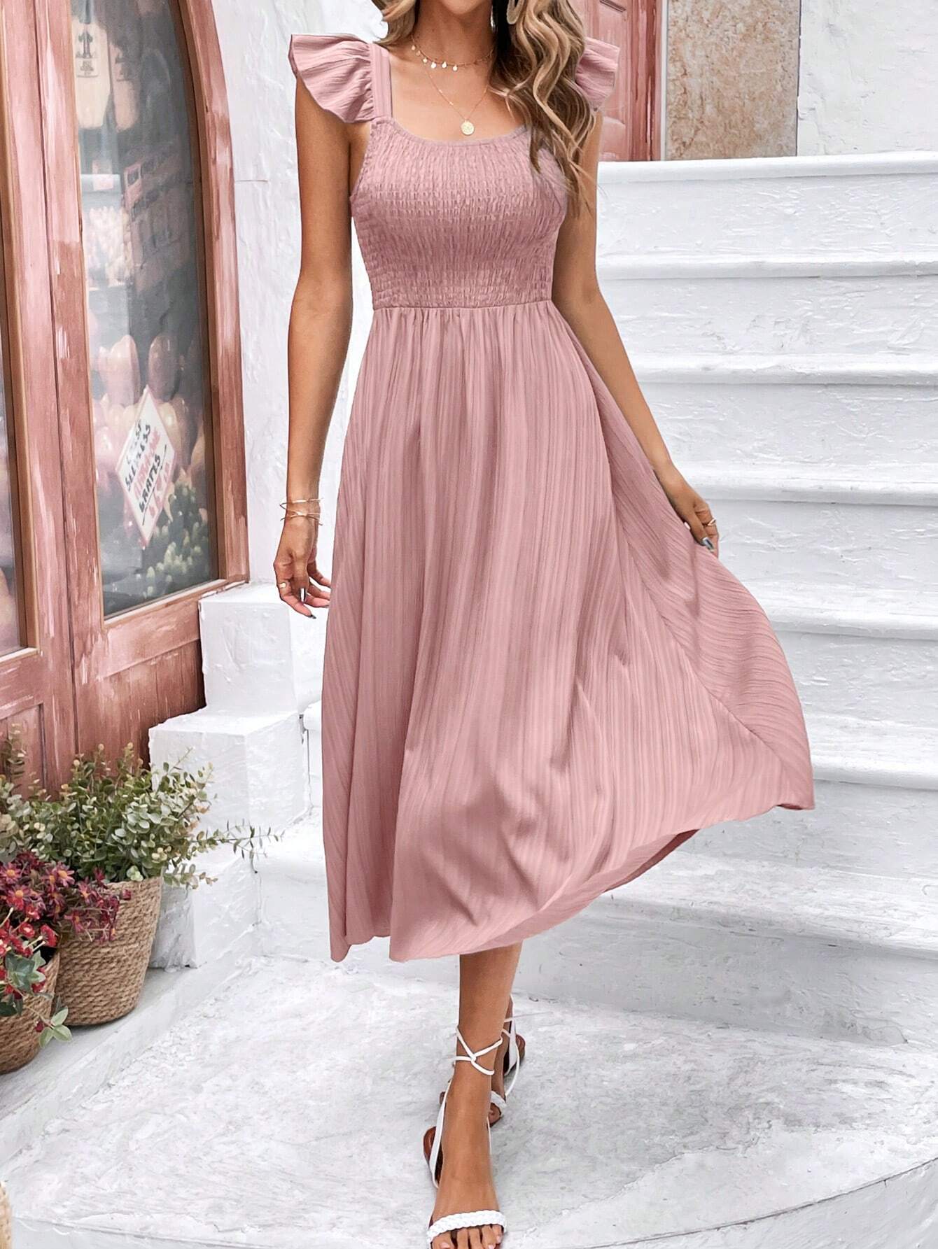 Buy SHEIN Frenchy Solid Ruffle Trim A-line Dress in Pakistan