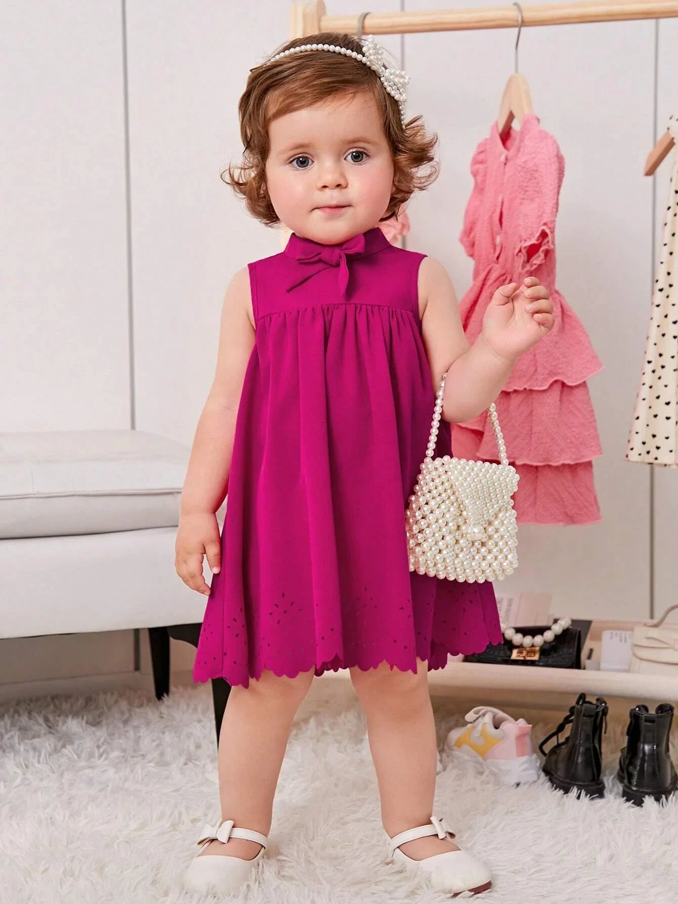 Buy SHEIN Baby Bow Front Laser Cut Out Scallop Trim Dress in Pakistan