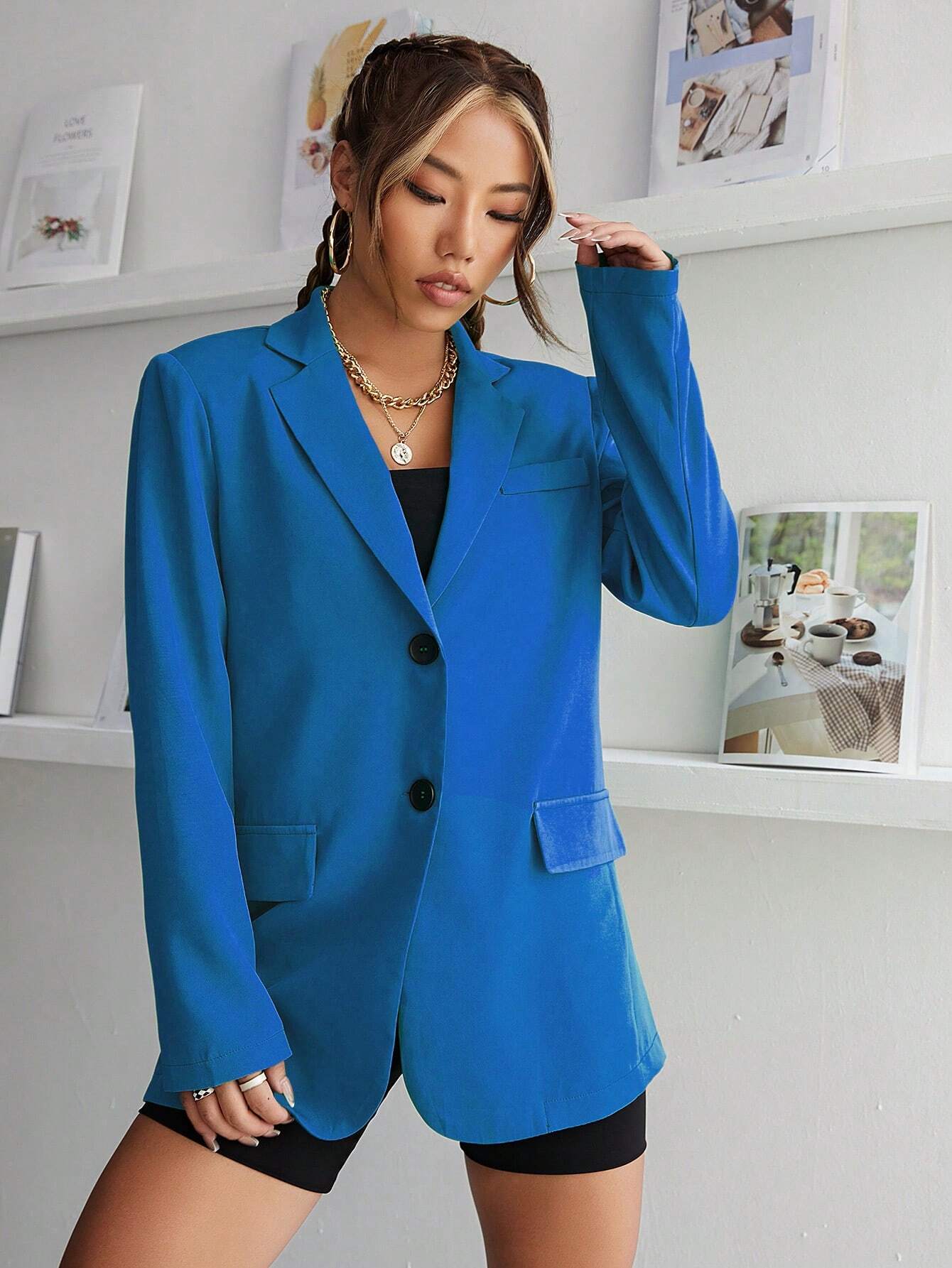 Buy SHEIN Essnce Lapel Neck Flap Detail Single Button Blazer in Pakistan