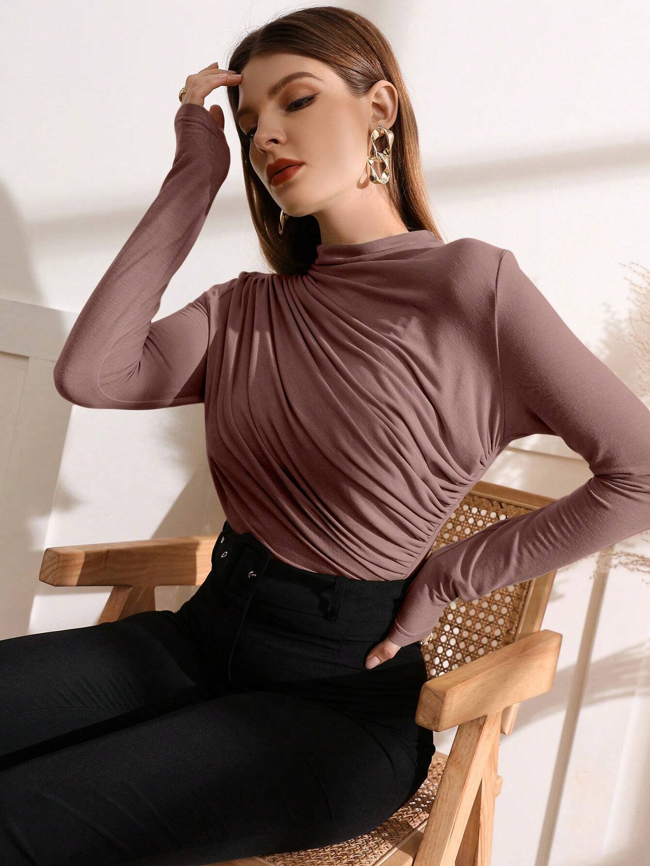 Buy SHEIN Modely Mock Neck Ruched Tee in Pakistan