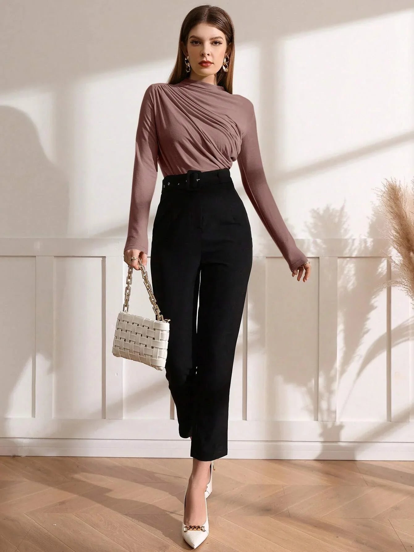 Buy SHEIN Modely Mock Neck Ruched Tee in Pakistan