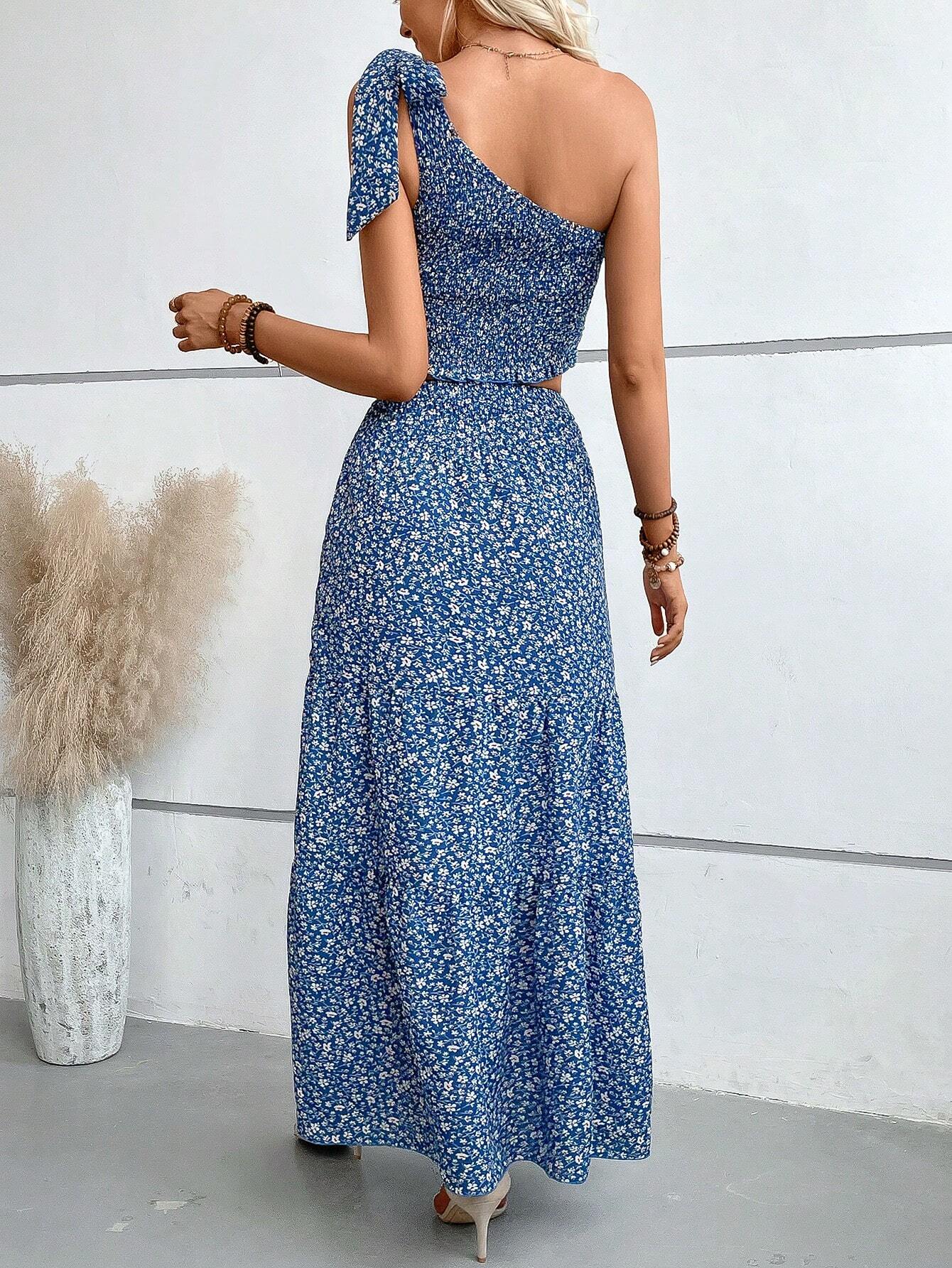 Buy SHEIN VCAY Ditsy Floral Print One Shoulder Top & Split Thigh Skirt in Pakistan