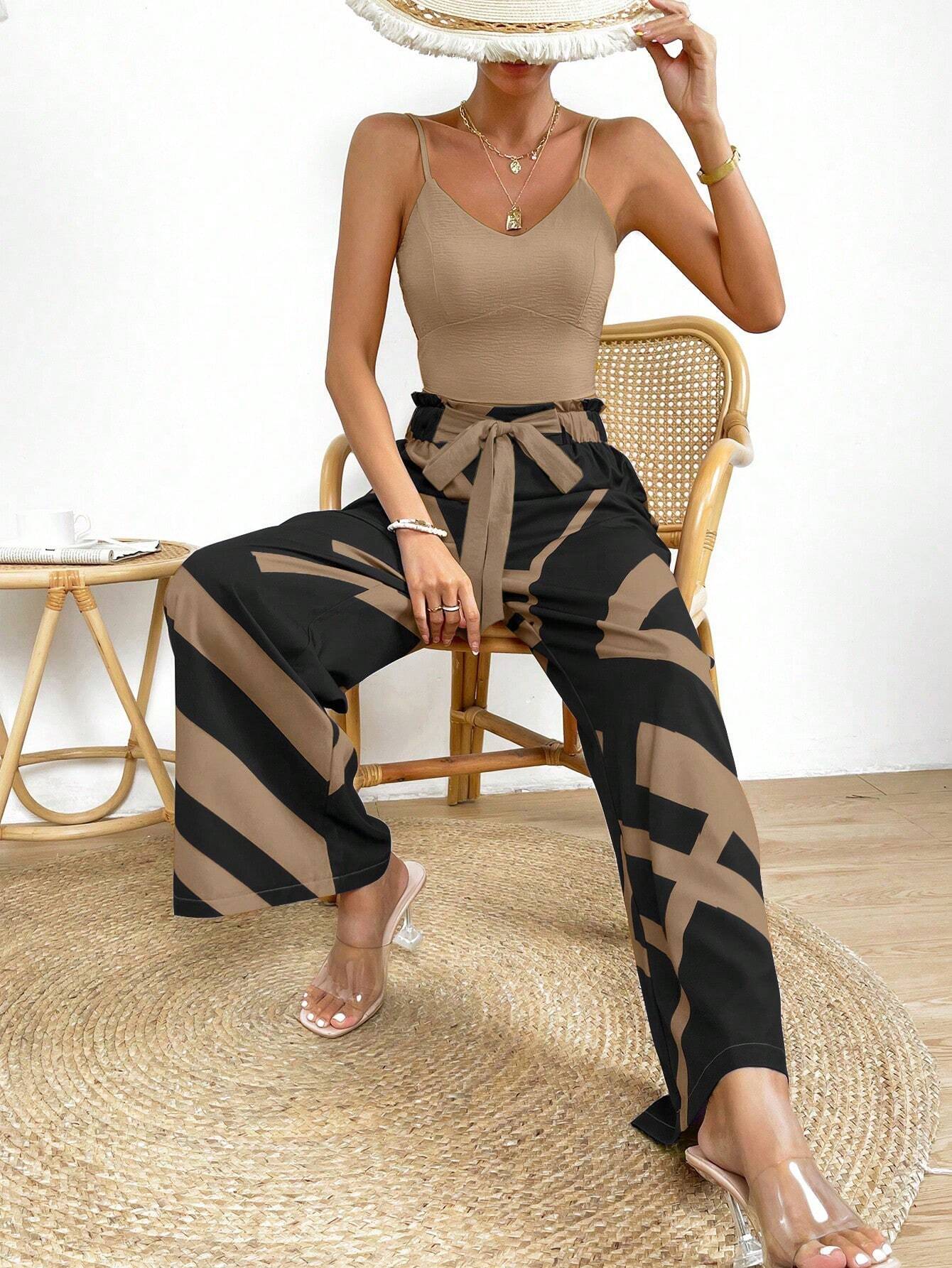 Buy SHEIN Privé Solid Cami Top & Geo Print Knot Front Wide Leg Pants in Pakistan