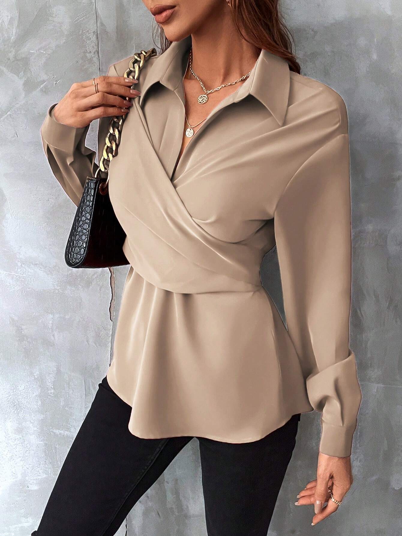 Buy SHEIN Clasi Solid Wrap Cross Tie Back Blouse in Pakistan