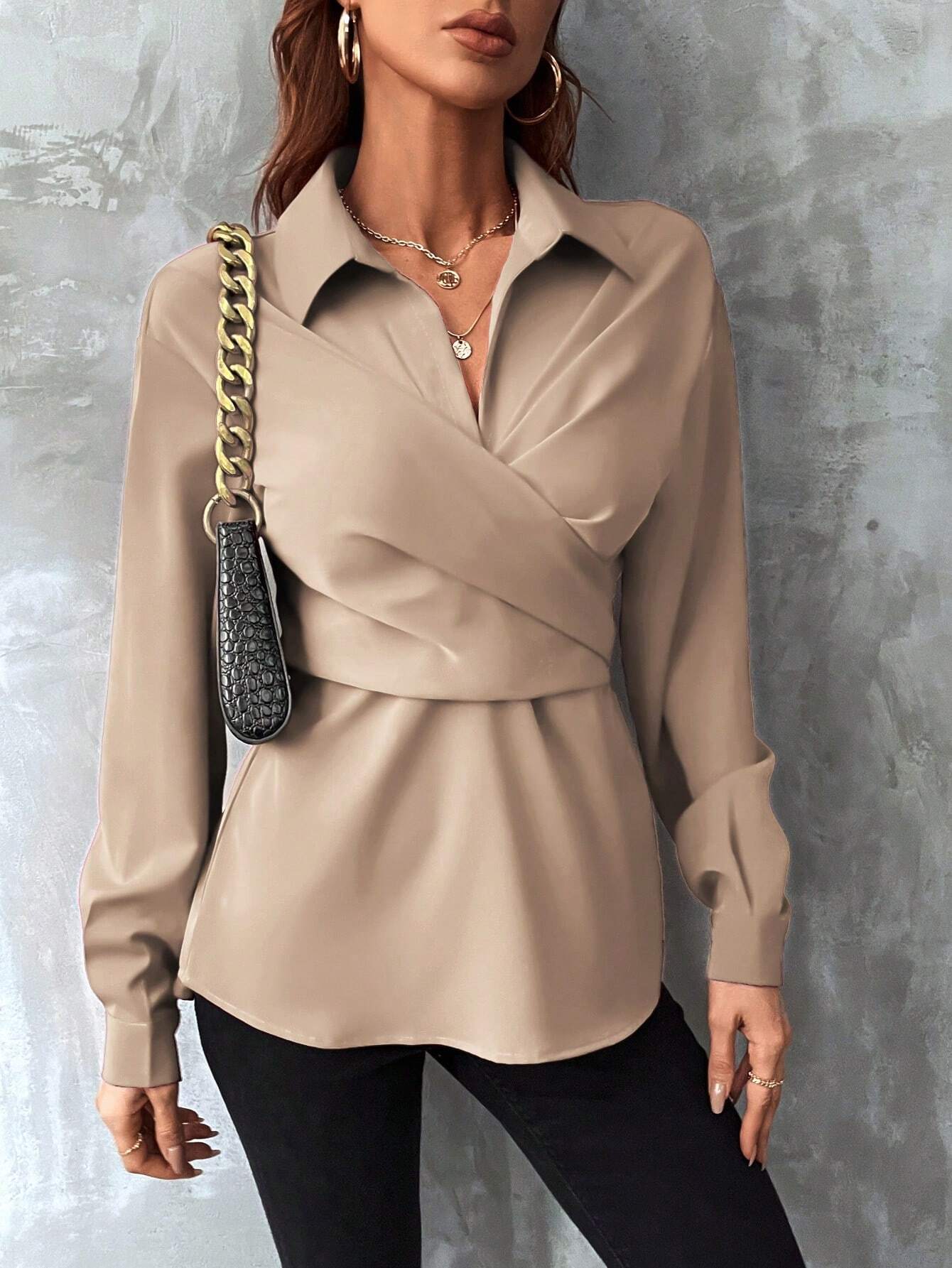 Buy SHEIN Clasi Solid Wrap Cross Tie Back Blouse in Pakistan