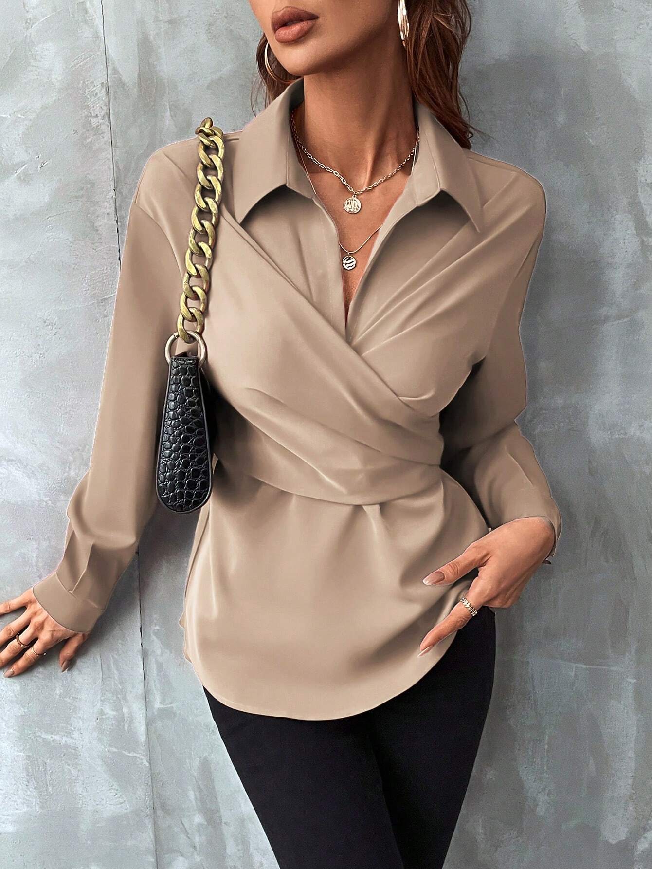 Buy SHEIN Clasi Solid Wrap Cross Tie Back Blouse in Pakistan