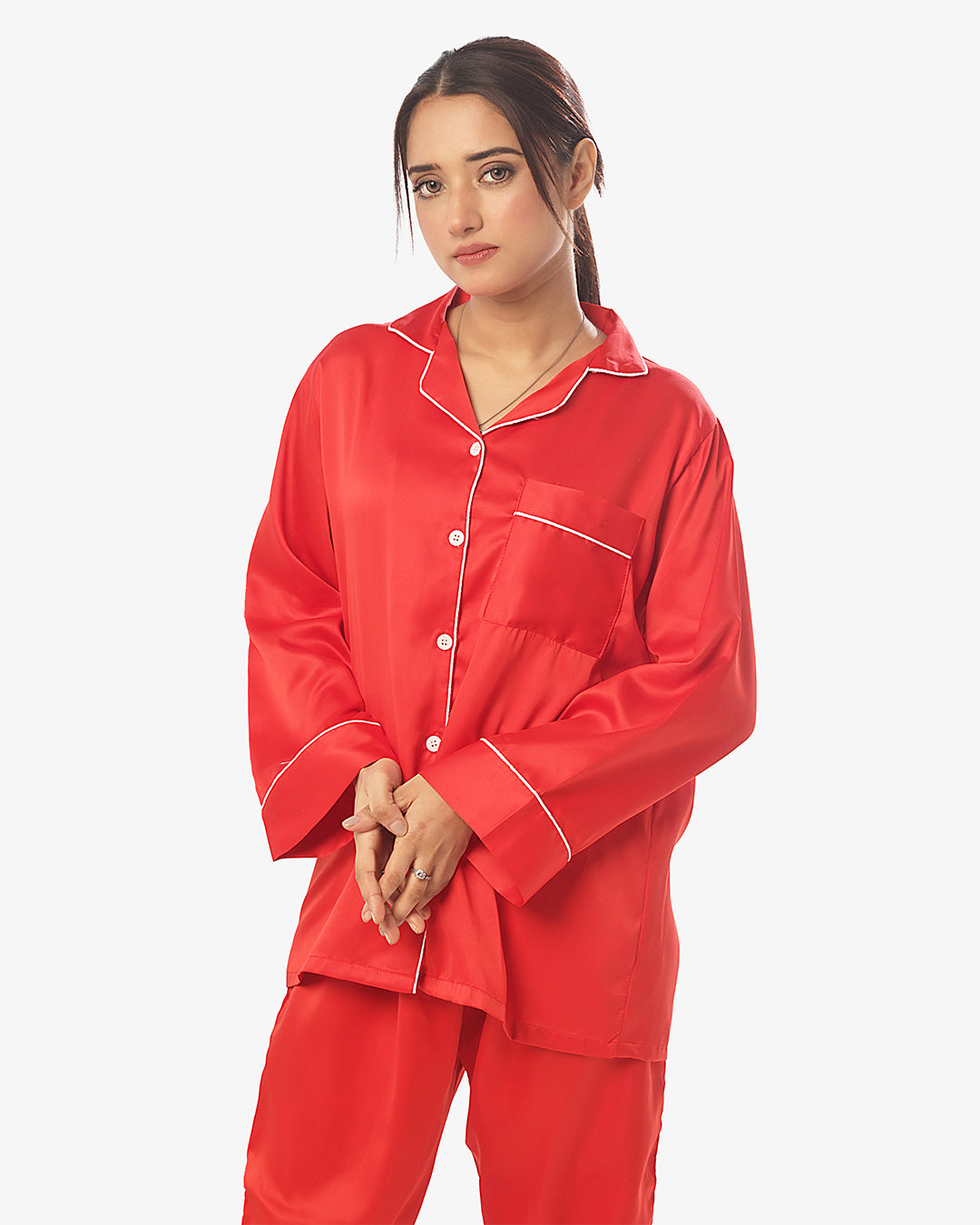 Buy Silk Pajama Suit with Scrunchie - Pearl in Pakistan