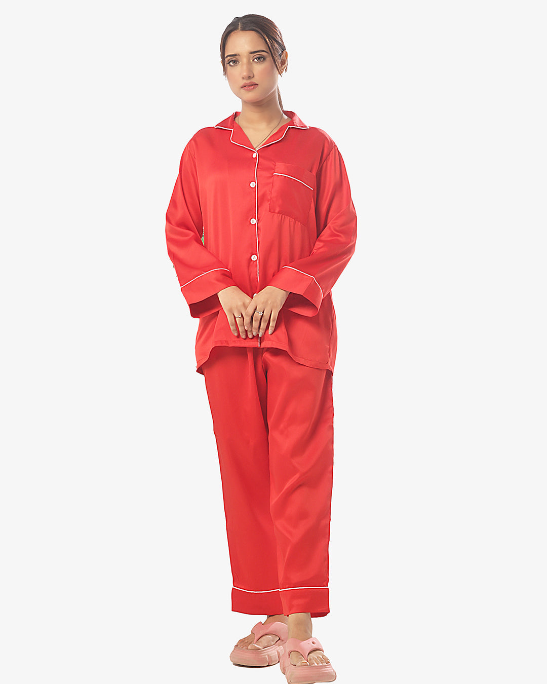 Buy Silk Pajama Suit with Scrunchie - Pearl in Pakistan