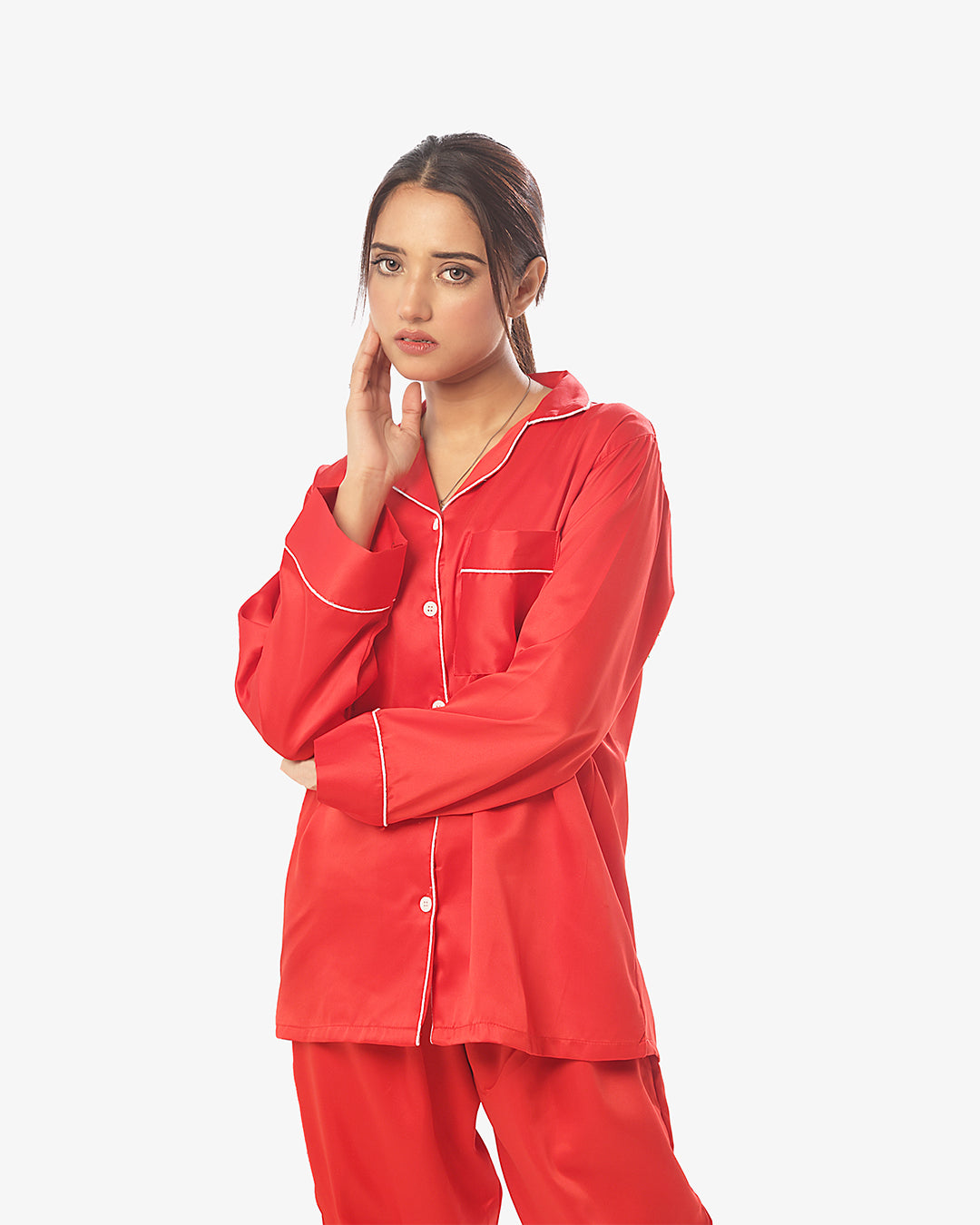 Buy Silk Pajama Suit with Scrunchie - Pearl in Pakistan