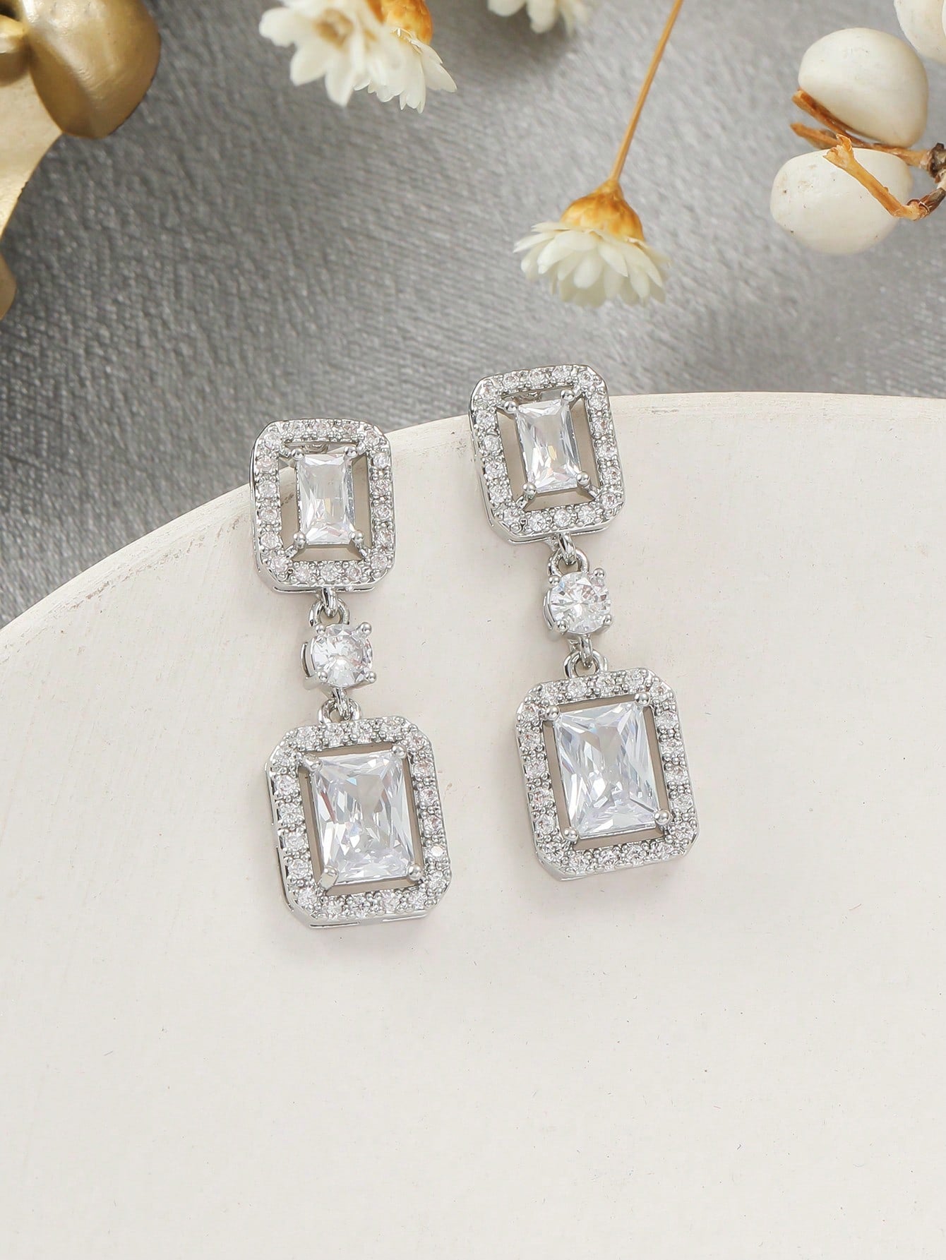 Buy SHEIN 1pair Chic Square Cubic Zirconia Decorated Drop Earrings For Women For Party Banquet Wedding in Pakistan