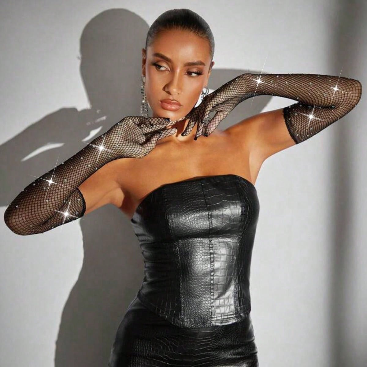 Buy SHEIN 1pair Fishnet Gloves With Star & Rhinestone Decor, Fashionable Elbow Length Sexy Costume Accessory in Pakistan