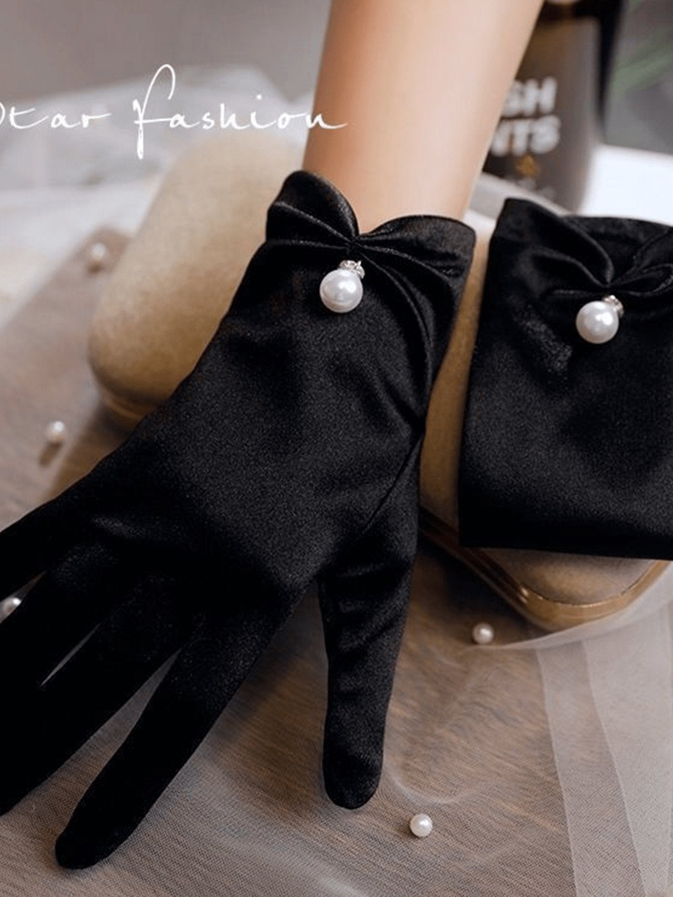 Buy SHEIN 1pair Women's French Vintage Black Pearl Gloves, Thin Sunscreen Party Satin Gloves For Formal Occasions in Pakistan