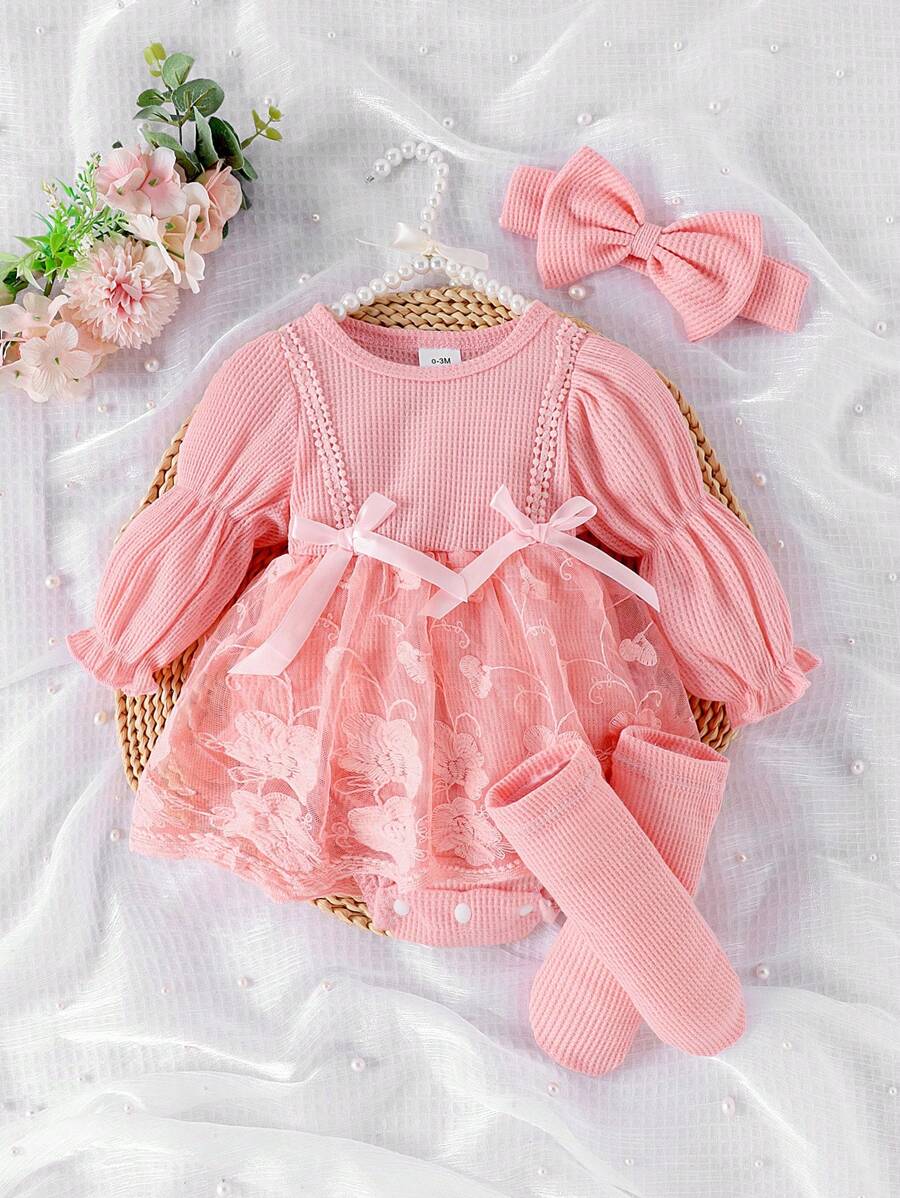 Buy SHEIN 1pc Baby Girl Elegant Lace Patchwork Bodysuit With Headband & Socks, Autumn/Winter in Pakistan