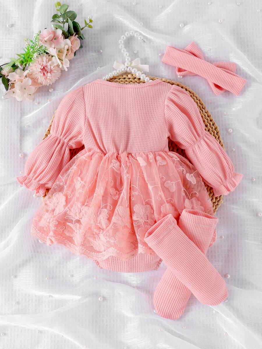Buy SHEIN 1pc Baby Girl Elegant Lace Patchwork Bodysuit With Headband & Socks, Autumn/Winter in Pakistan