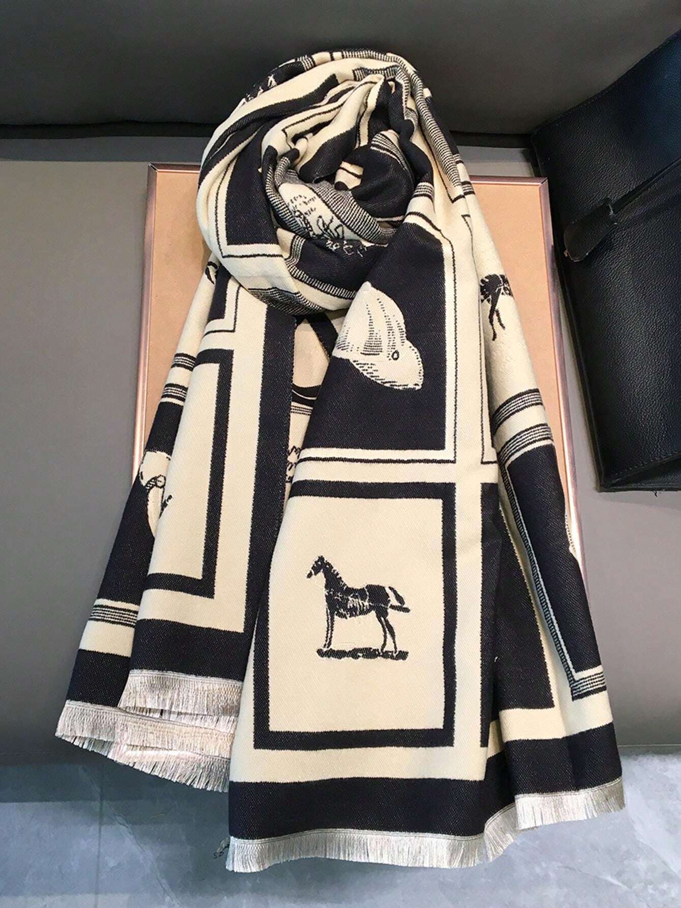 Buy SHEIN 1pc Black Horse Pattern Warm Scarf/Shawl For Women, Winter Thick Dual-Use Scarf Wrap For Office And Air-Conditioned Room Accessories Women in Pakistan