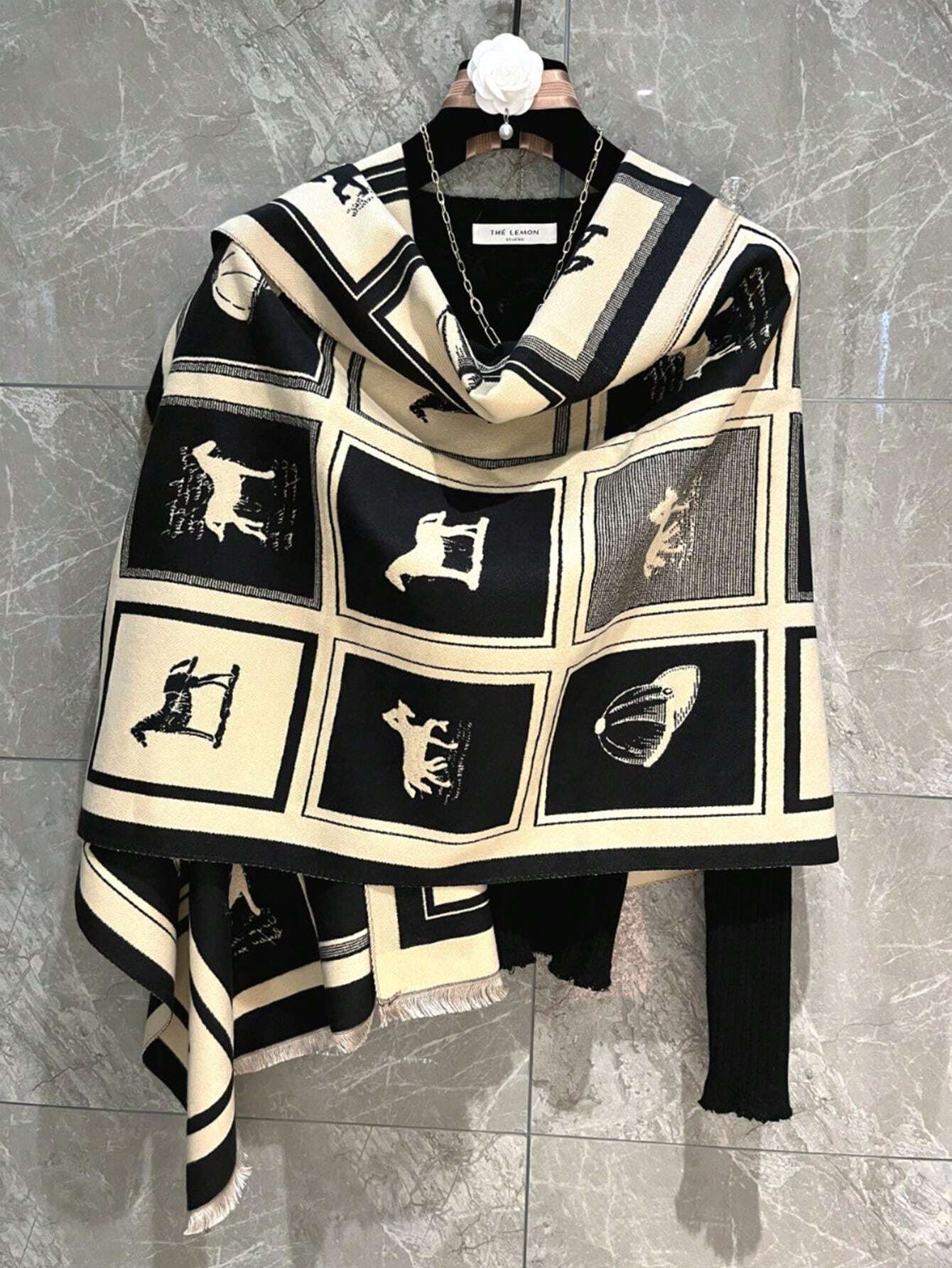 Buy SHEIN 1pc Black Horse Pattern Warm Scarf/Shawl For Women, Winter Thick Dual-Use Scarf Wrap For Office And Air-Conditioned Room Accessories Women in Pakistan