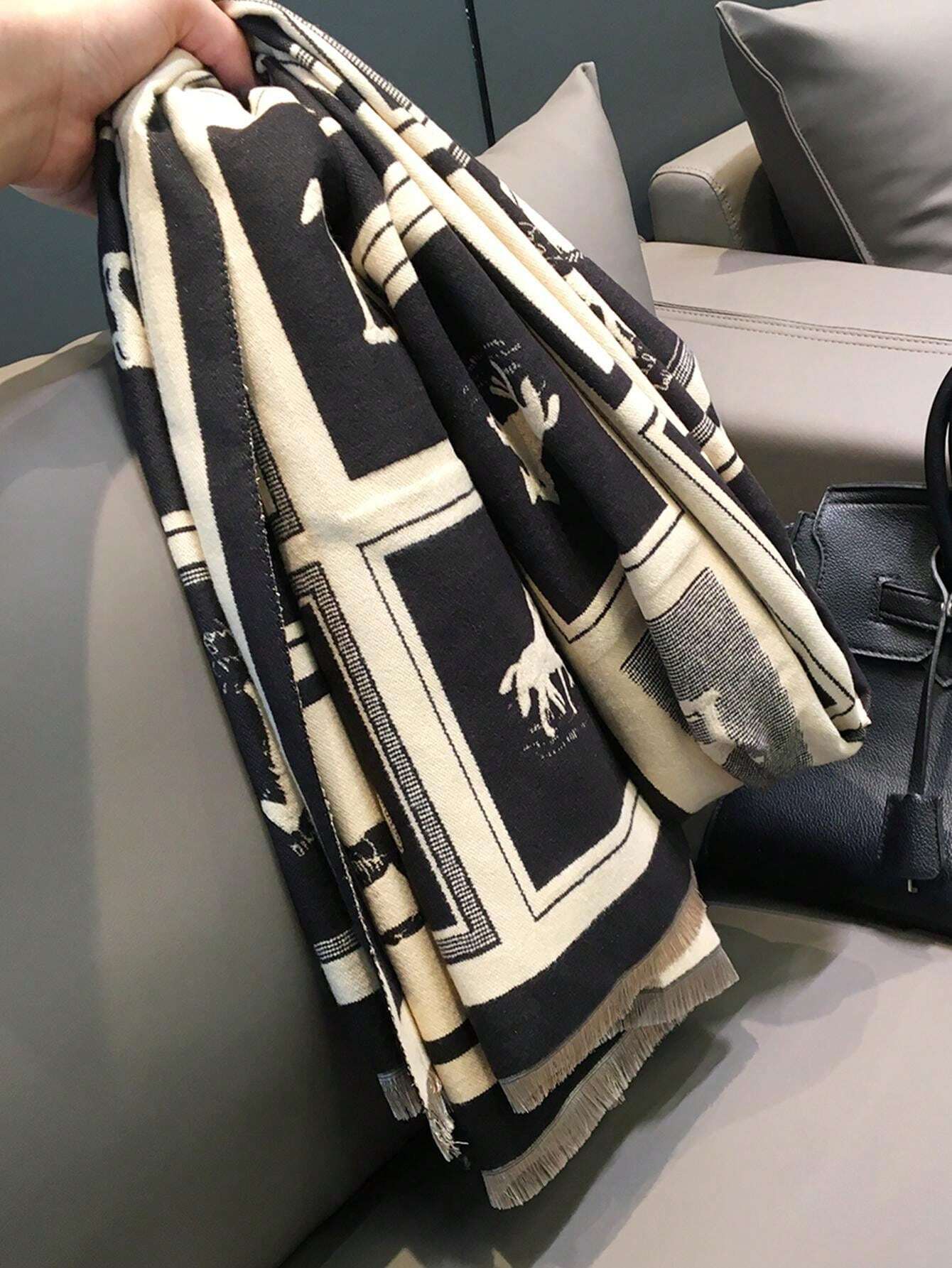 Buy SHEIN 1pc Black Horse Pattern Warm Scarf/Shawl For Women, Winter Thick Dual-Use Scarf Wrap For Office And Air-Conditioned Room Accessories Women in Pakistan