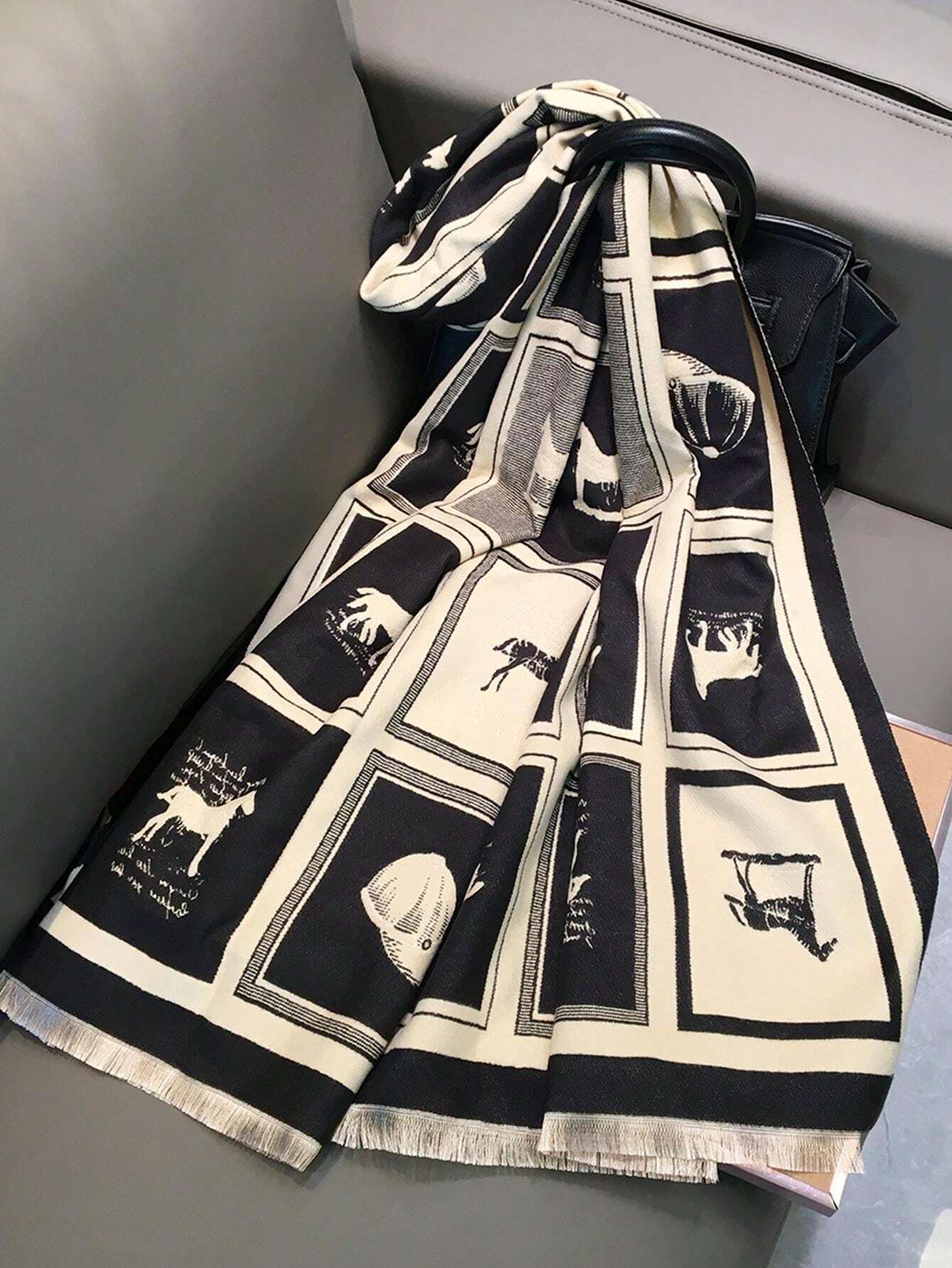 Buy SHEIN 1pc Black Horse Pattern Warm Scarf/Shawl For Women, Winter Thick Dual-Use Scarf Wrap For Office And Air-Conditioned Room Accessories Women in Pakistan