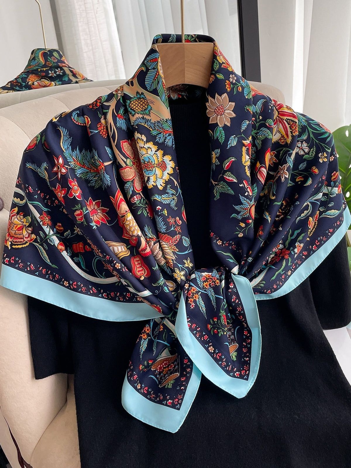 Buy SHEIN 1pc Ladies' Imitation Silk Floral Printed Diagonal Striped Fashion Scarf For Daily Decoration in Pakistan