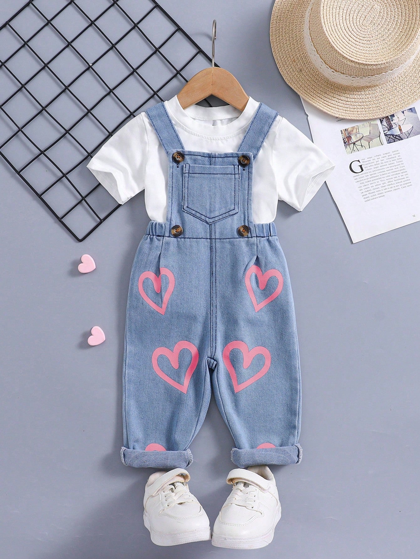 Buy SHEIN 1pc New Design Baby Girls Heart Print Casual Denim Overalls in Pakistan